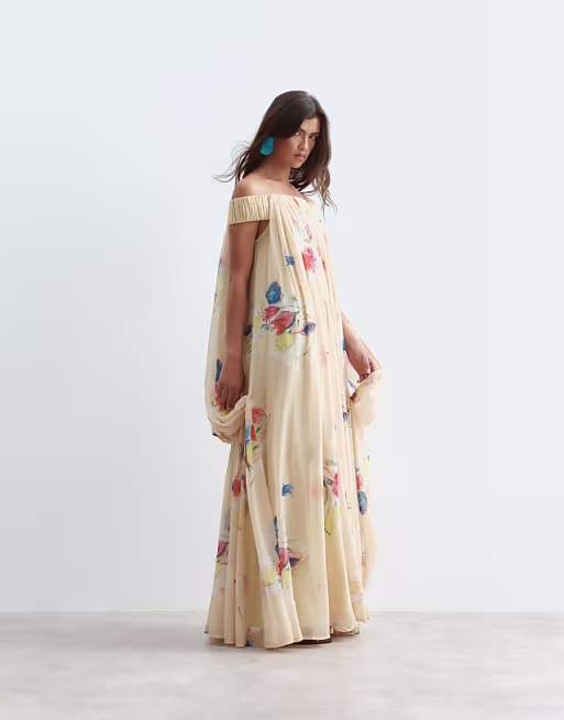 ARRANGE trapeze bardot maxi dress with cape back in yellow floral print