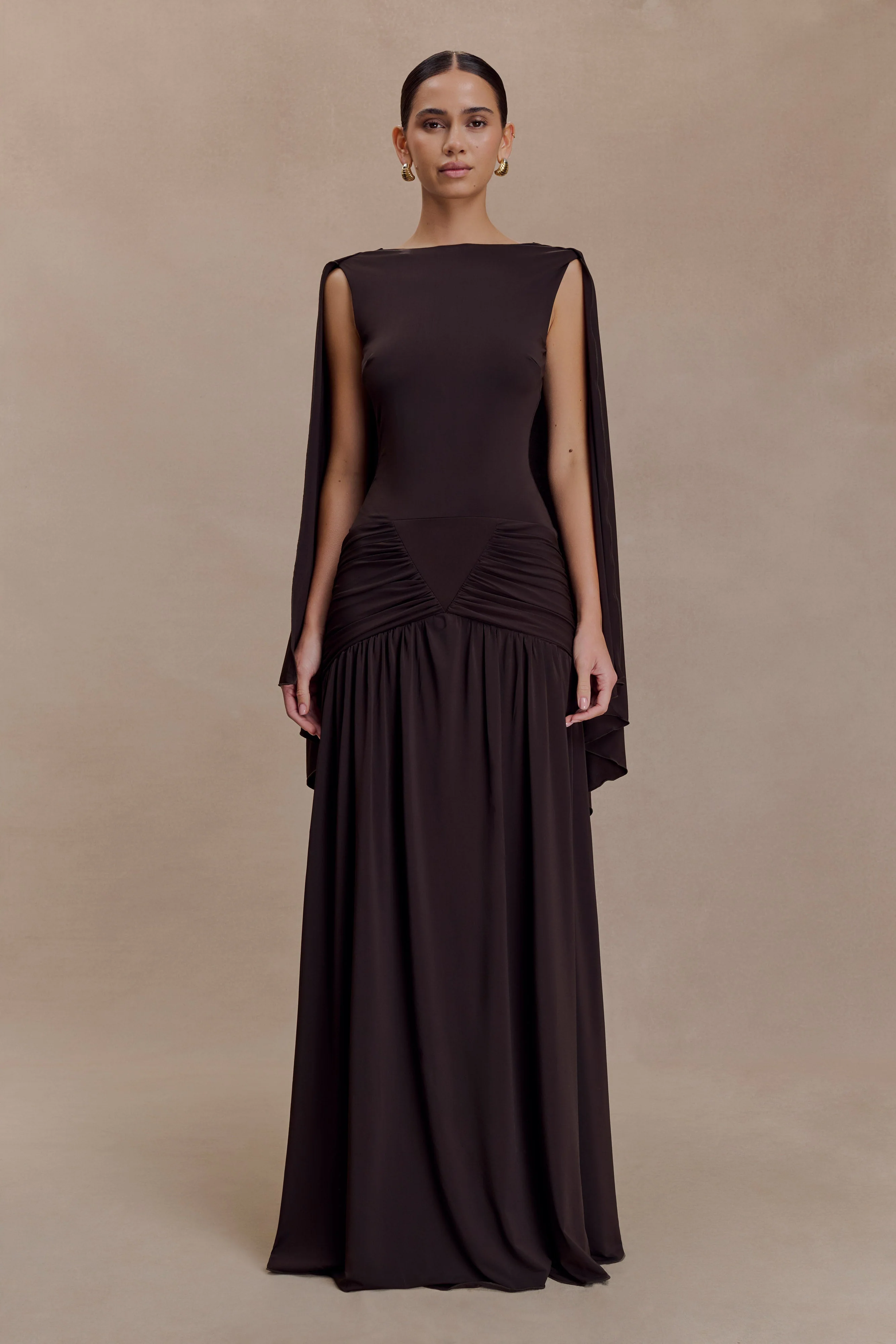 Emory Jersey Cape Maxi Dress - Chocolate