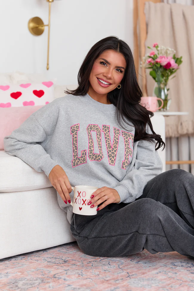 Love Block Leopard Light Grey Graphic Sweatshirt
