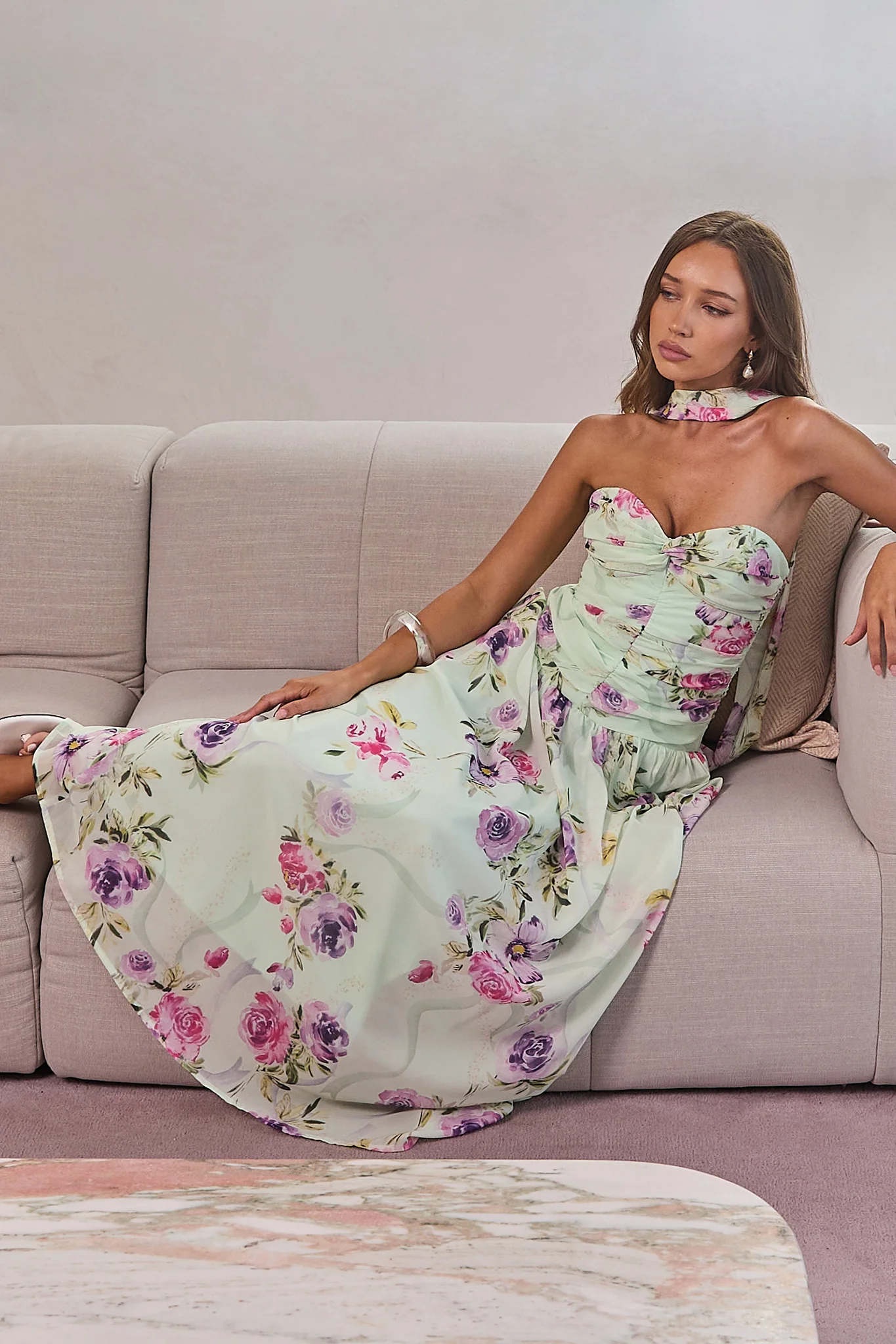 Novarra Twist Bust Strapless Maxi Dress Floral Mint