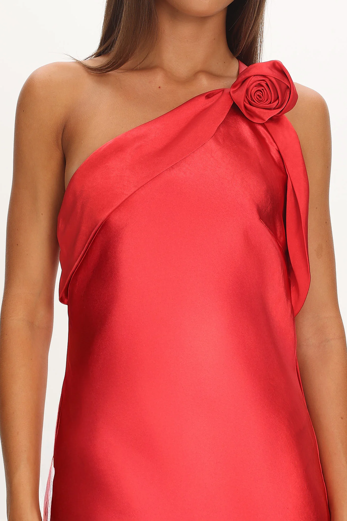 Star Fall One-Shoulder Rosette Maxi Dress Red
