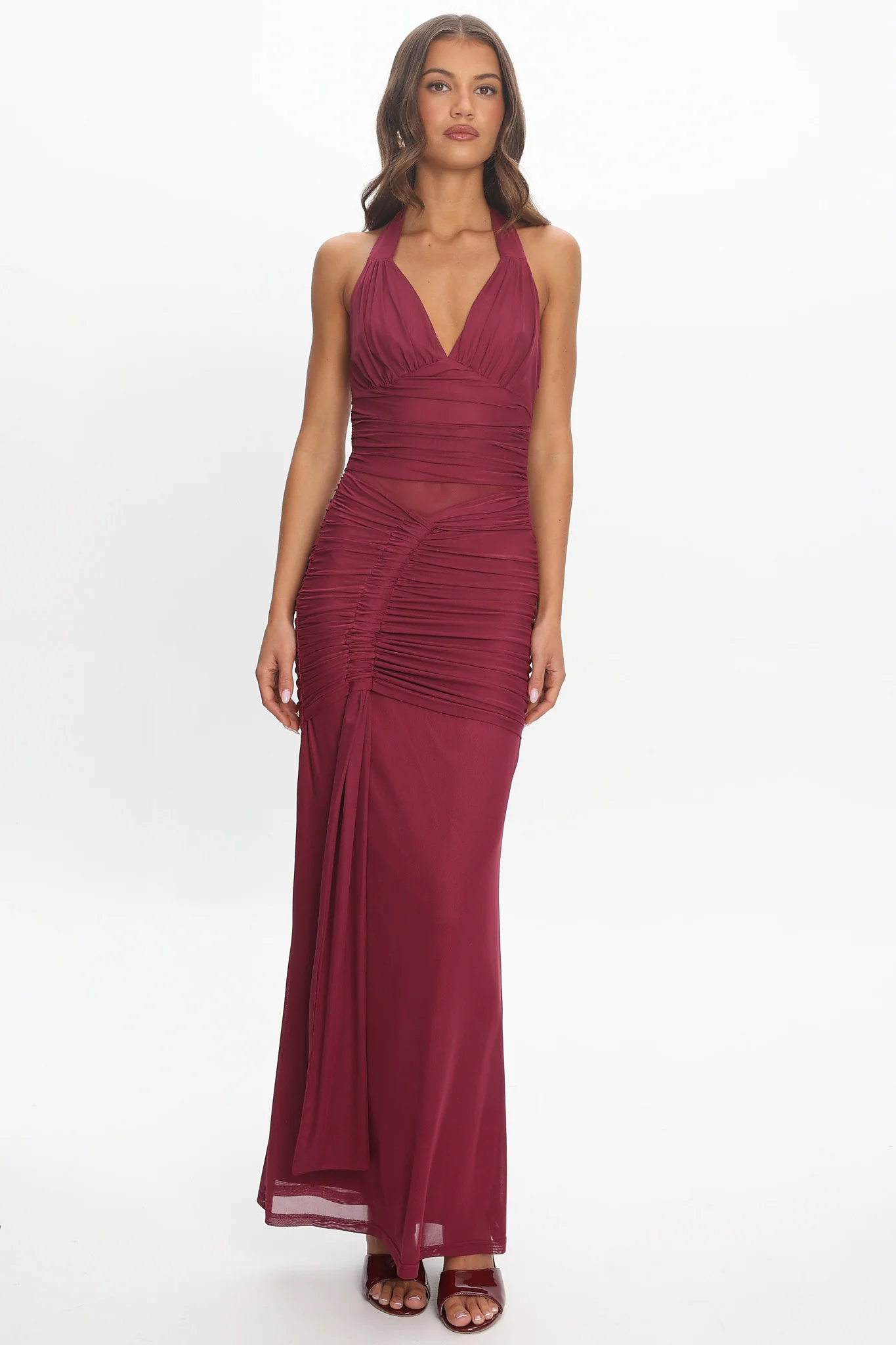 Luli Ruched Halterneck Maxi Dress Burgundy - luluinthesky