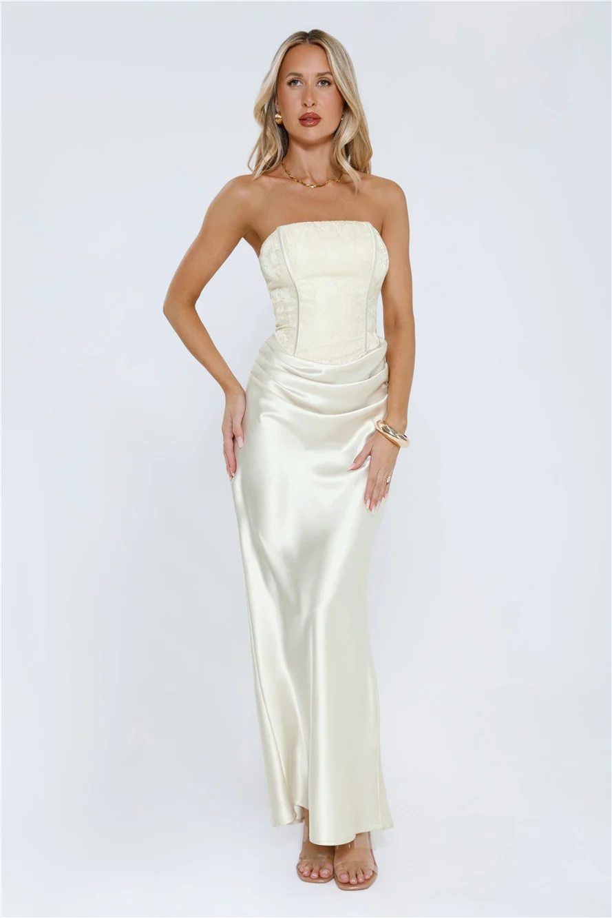 Dressed To Dazzle Strapless Satin Maxi Dress Ivory