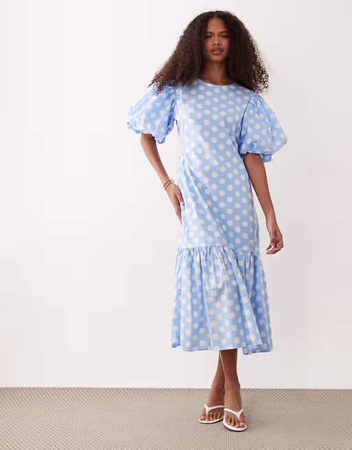 Sister Jane Seaglass puff sleeve drop waist midi dress in blue polka dot