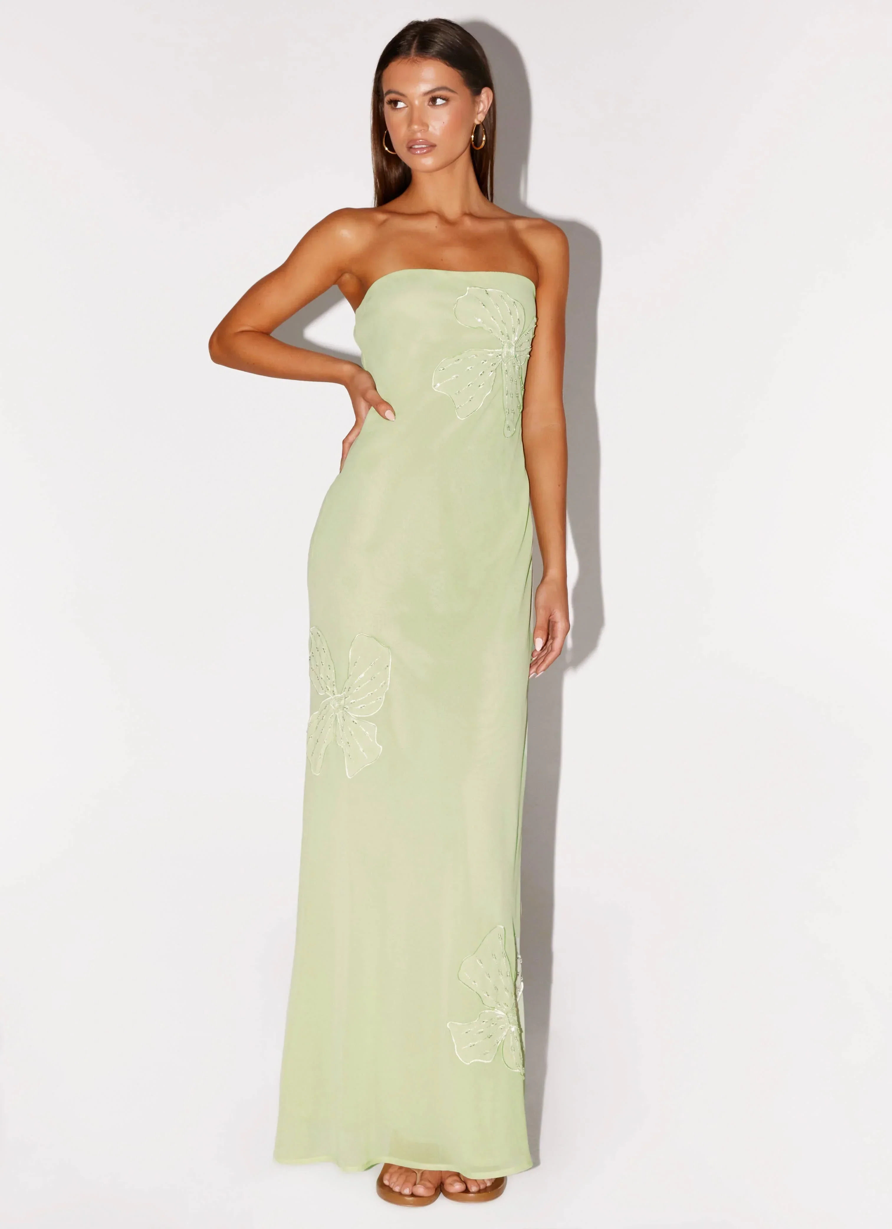 Sassafras Beaded Flower Strapless Maxi Dress - Lime - luluinthesky