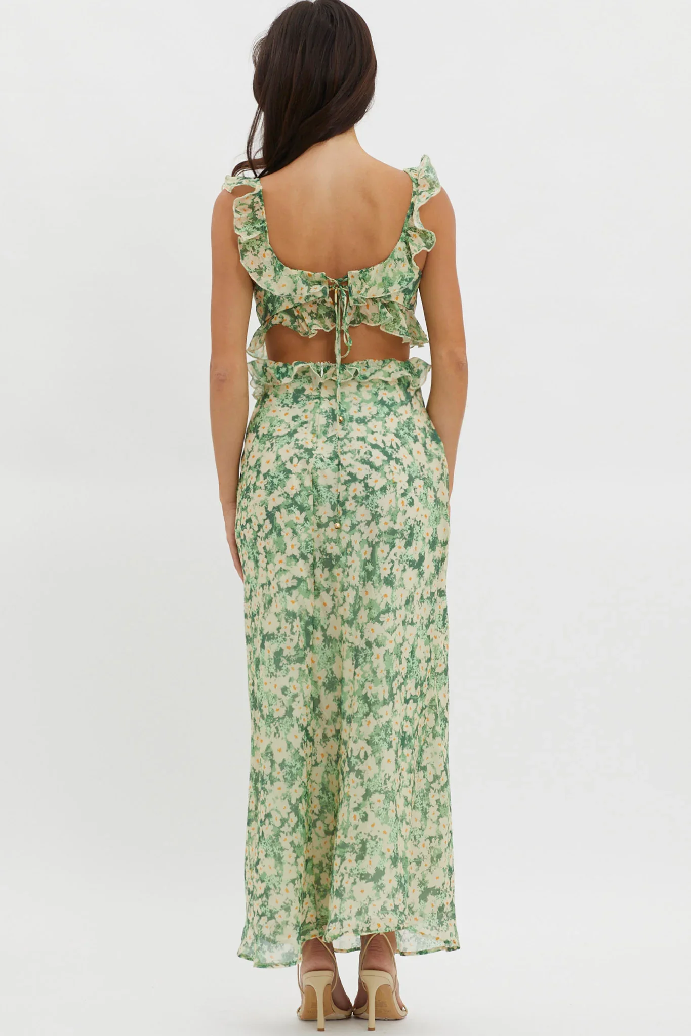 Second Chances Ruffle Trim Maxi Dress Flowers Green