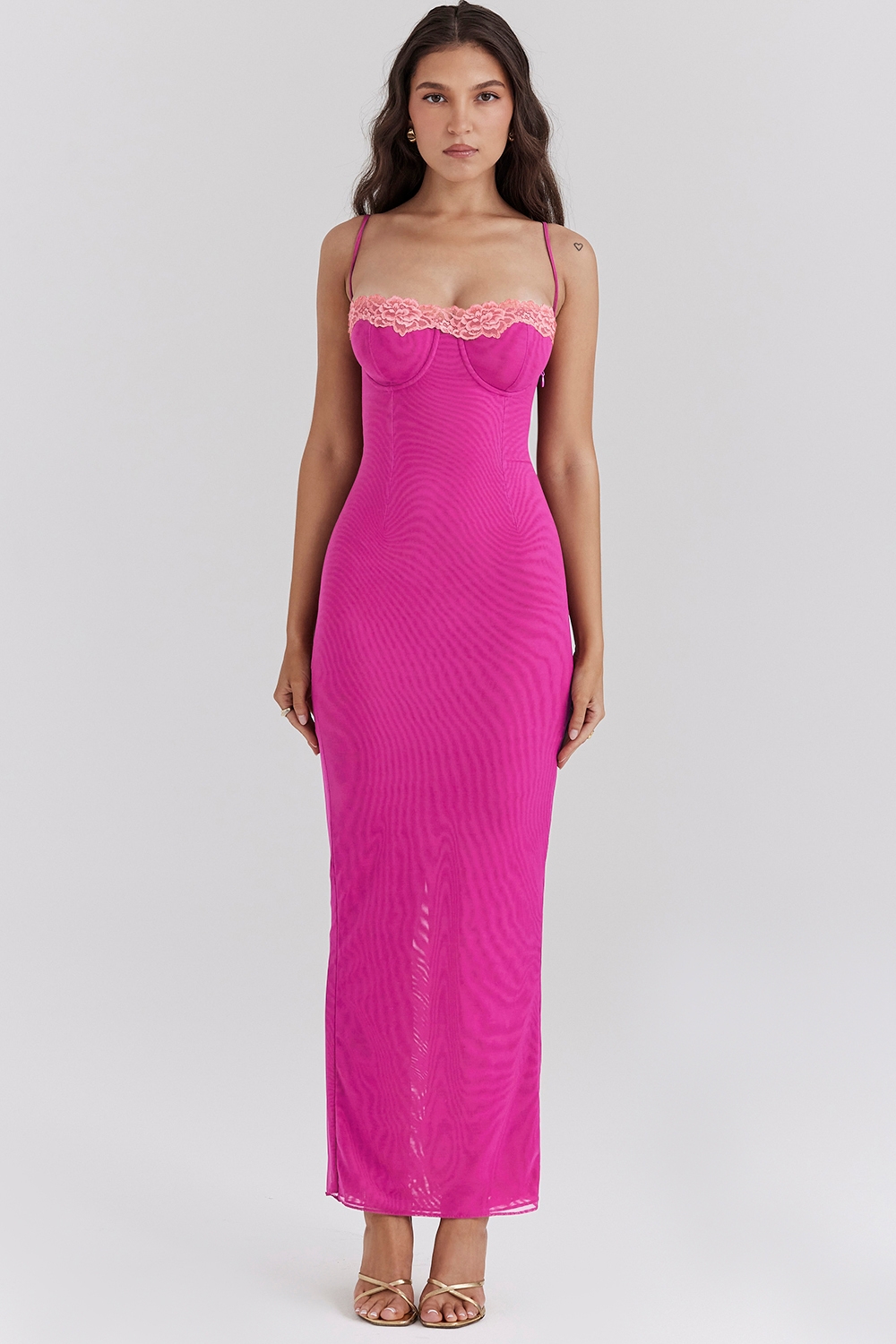 raspberry lace trimmed maxi dress