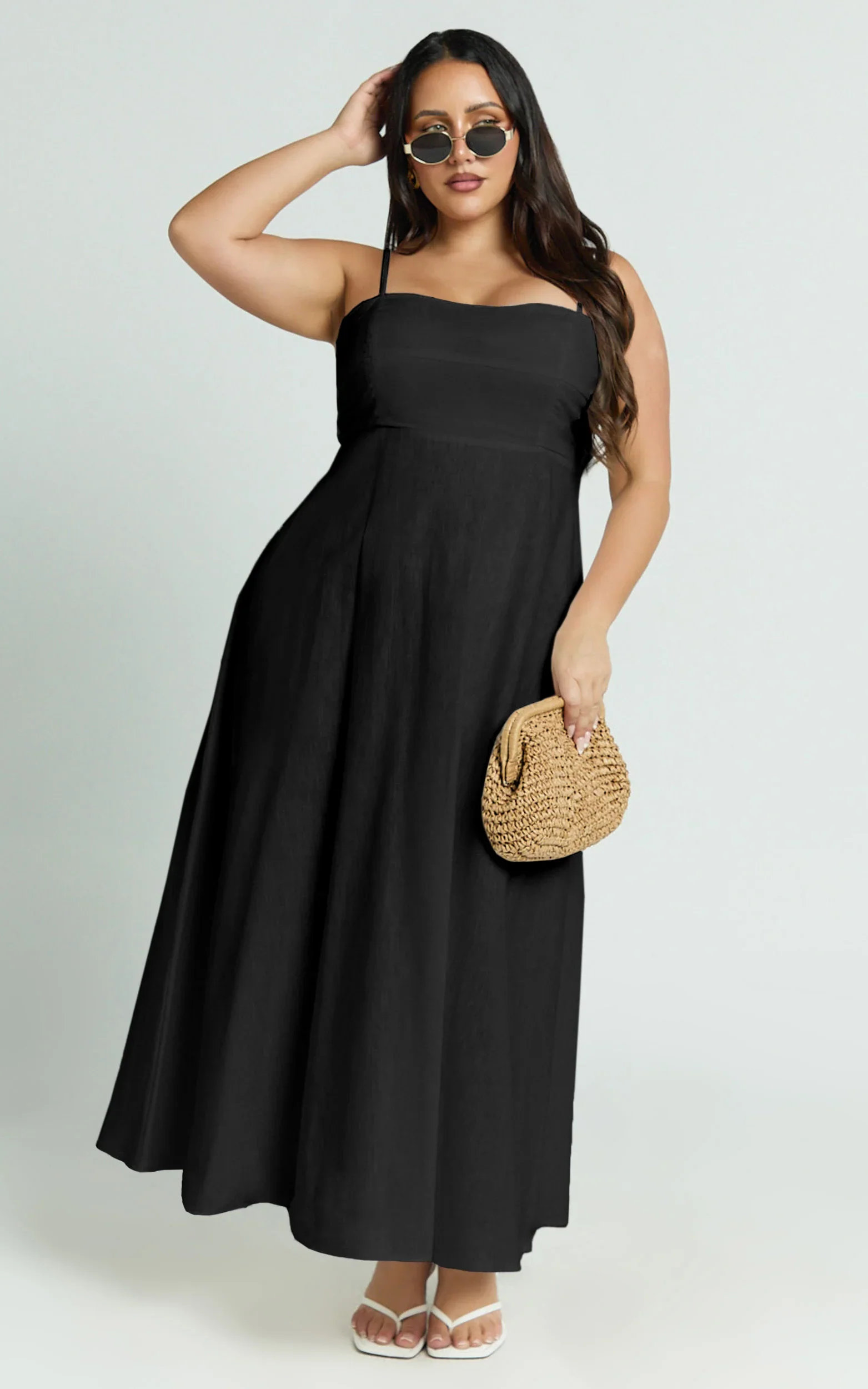 Brette Midi Dress - Linen Straight Neck Strappy Fit And Flare Dress in Black