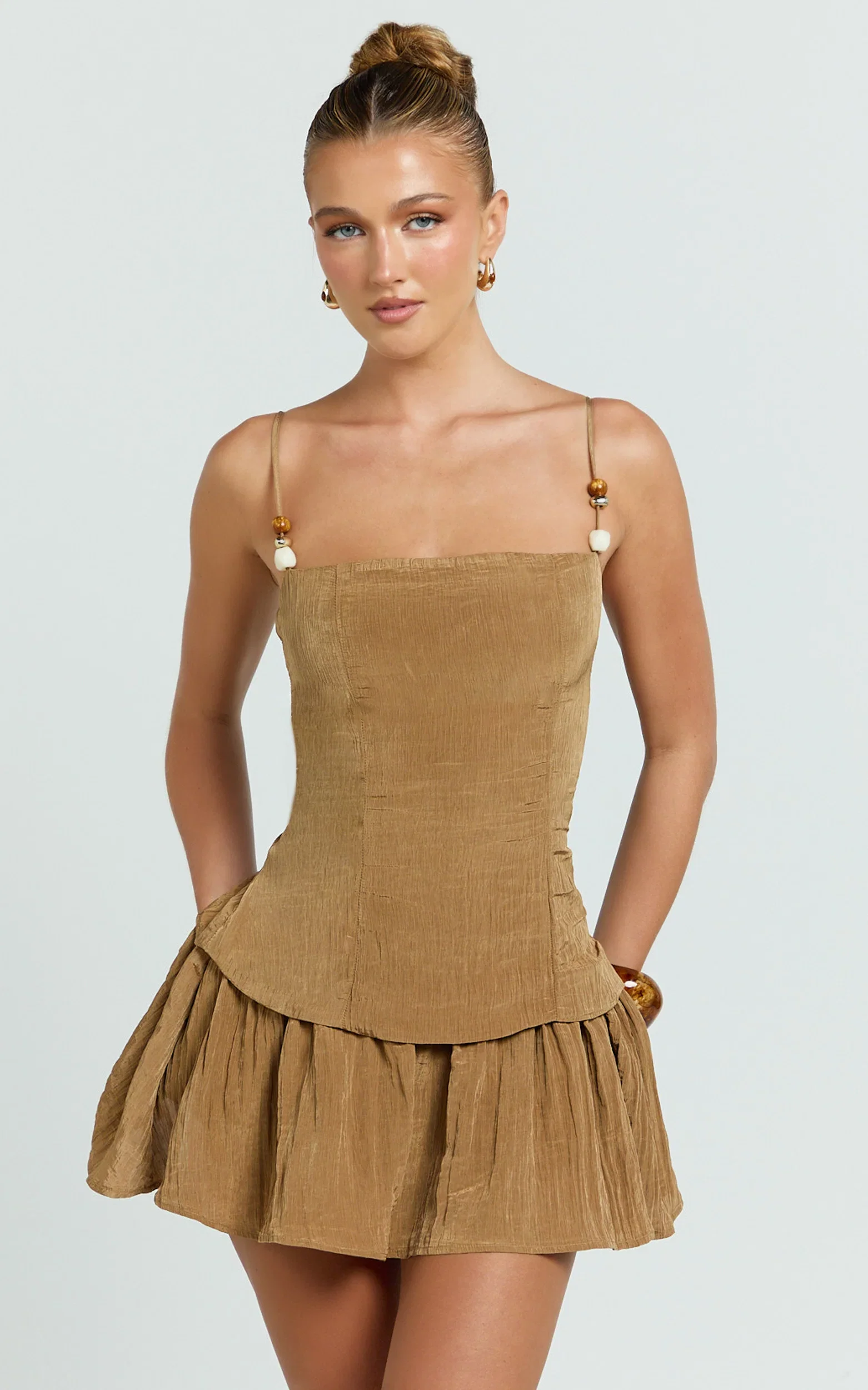 Edie Mini Dress - Straight Neck Gathered Drop Waist Dress in Brown