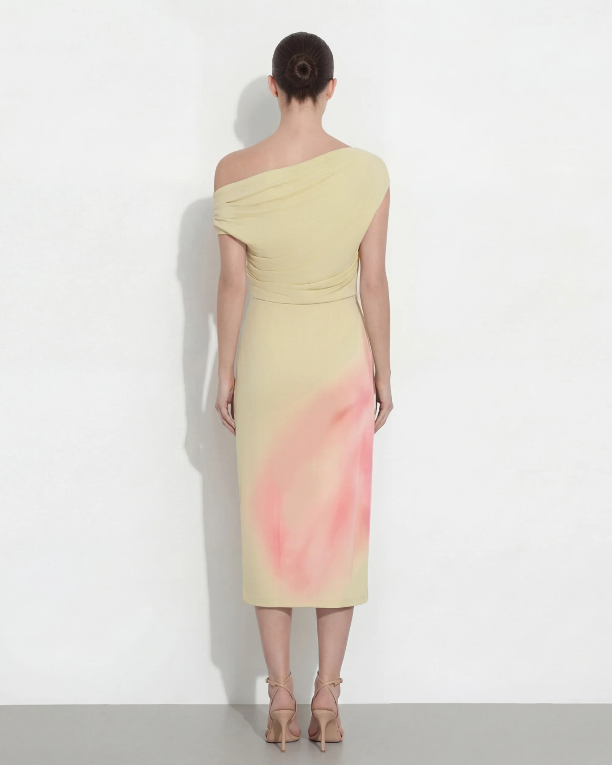 Watercolor Floral Print One-Shoulder Asymmetric Midi Dress - Yellow - FASHION NOB