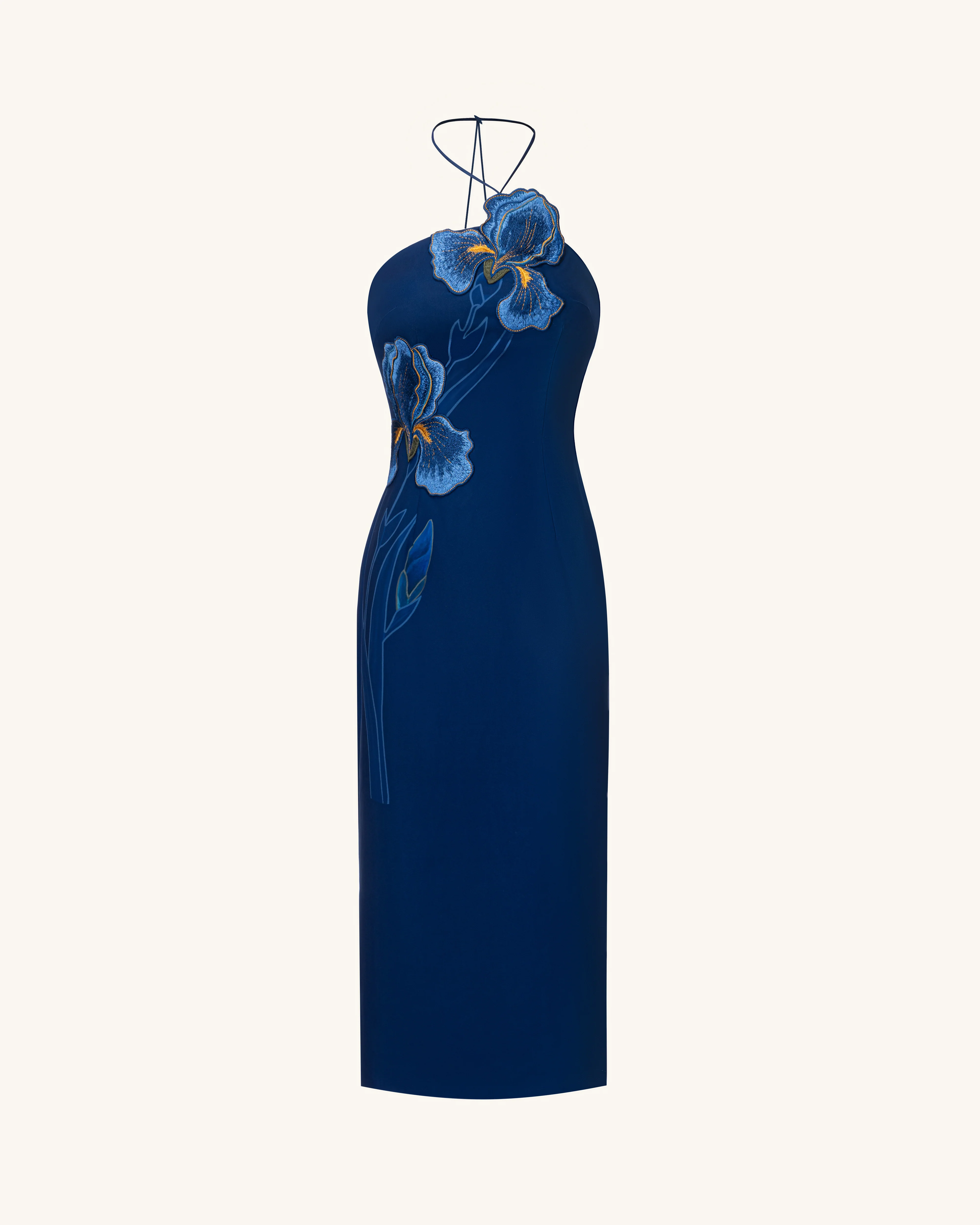 Iris Embroidered Halter Midi Dress - Navy Blue - FASHION NOB