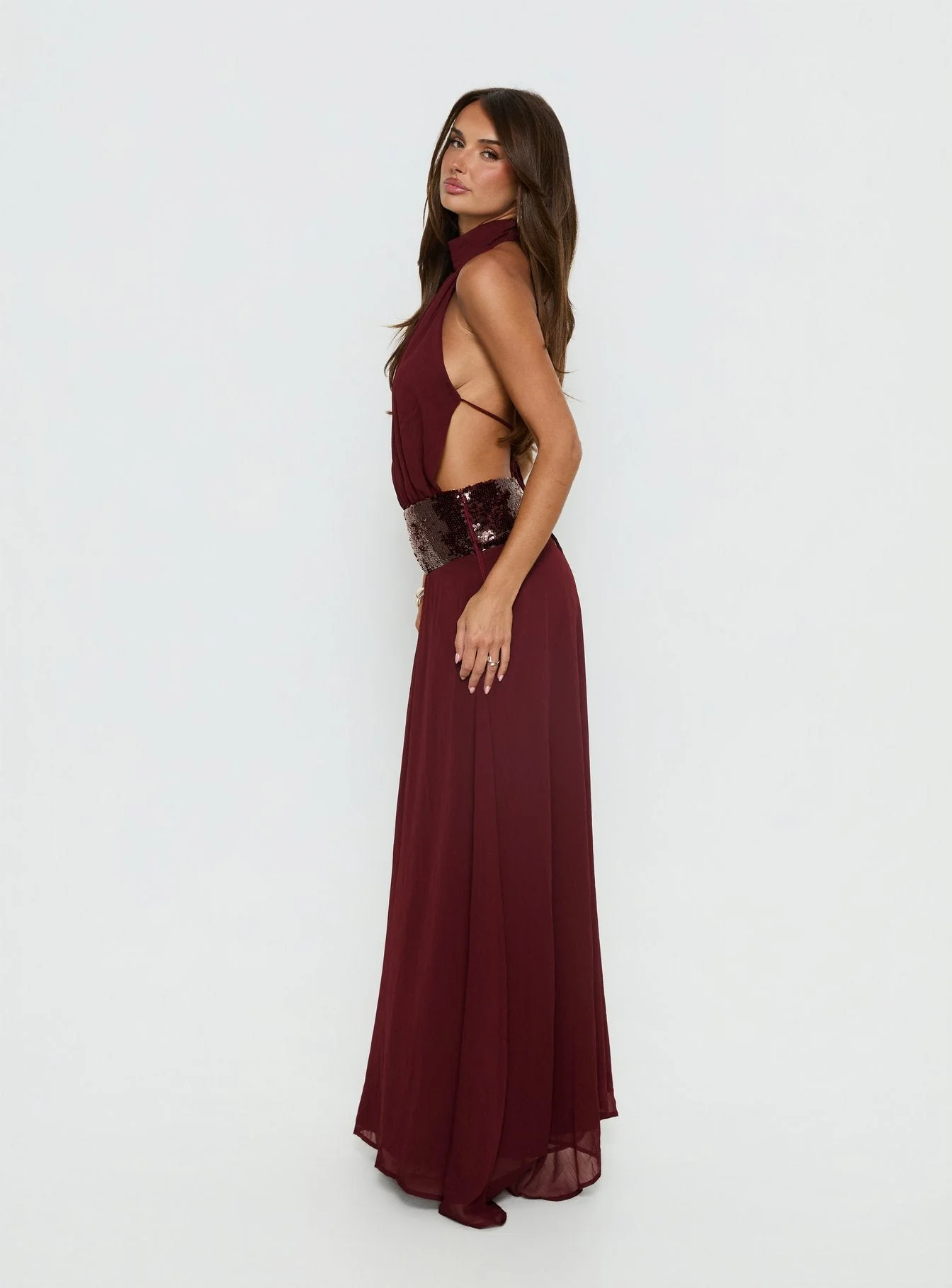 Darwinn Drop Waist Sequin Detail Maxi Dress Burgundy