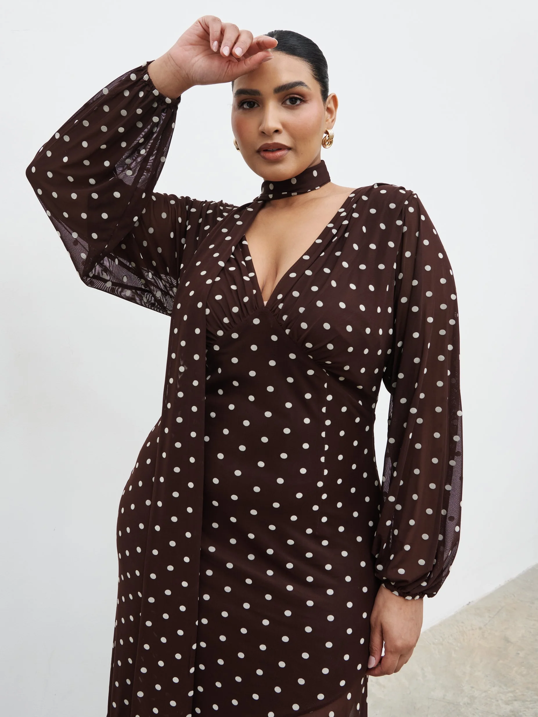 Petula Scarf Mesh Maxi Dress Curve - Brown and Cream Polkadot