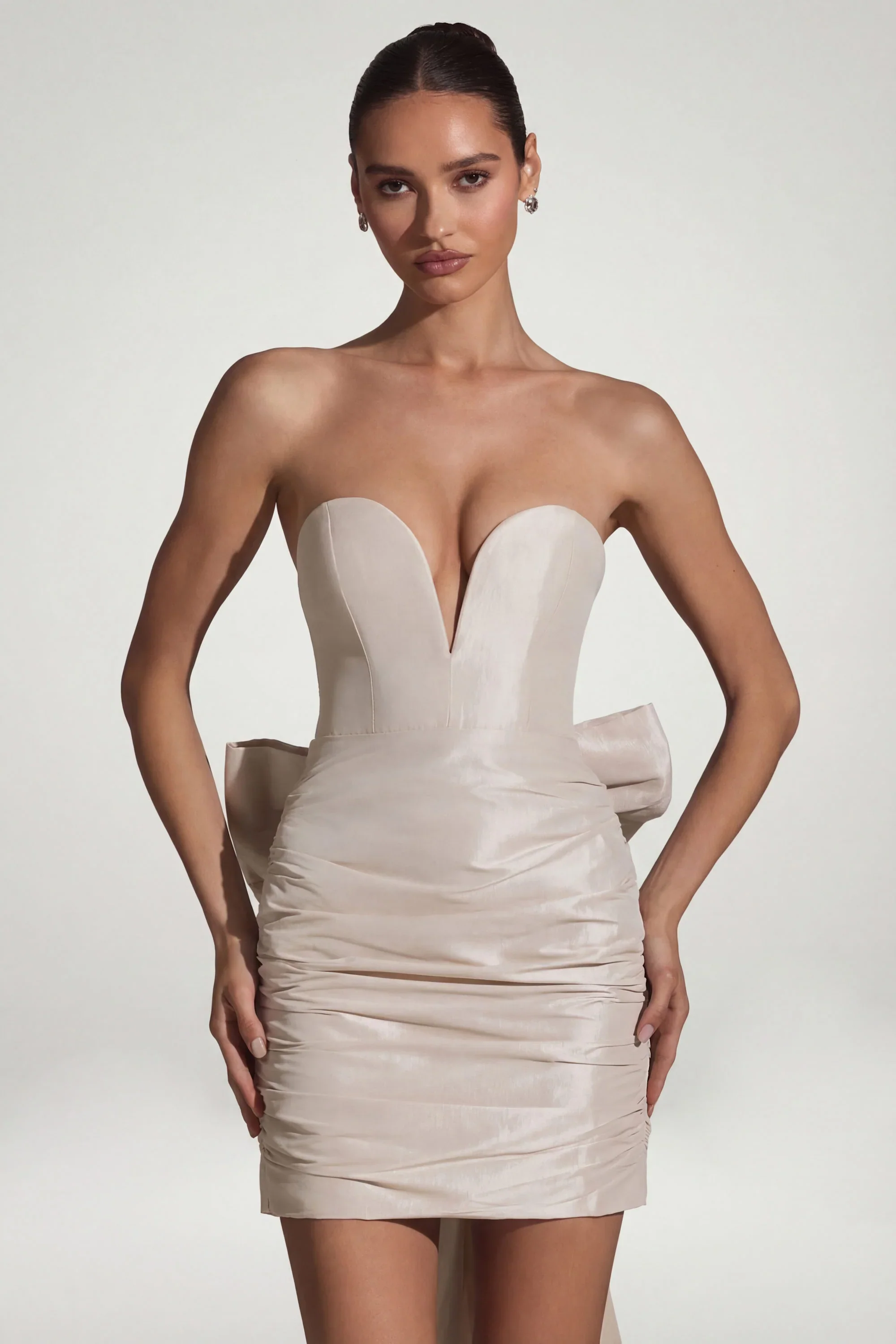 Satin Bow-Detail Strapless Mini Dress in Ivory