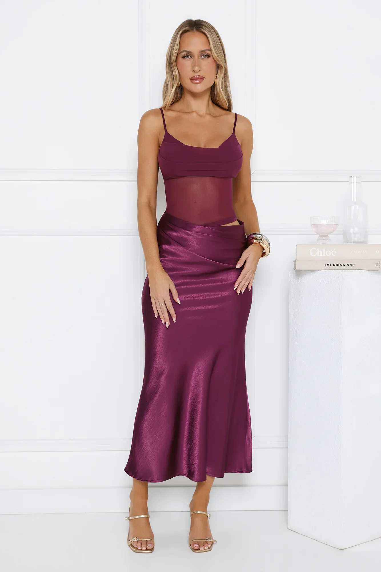 My Rules Satin Mesh Maxi Dress Plum