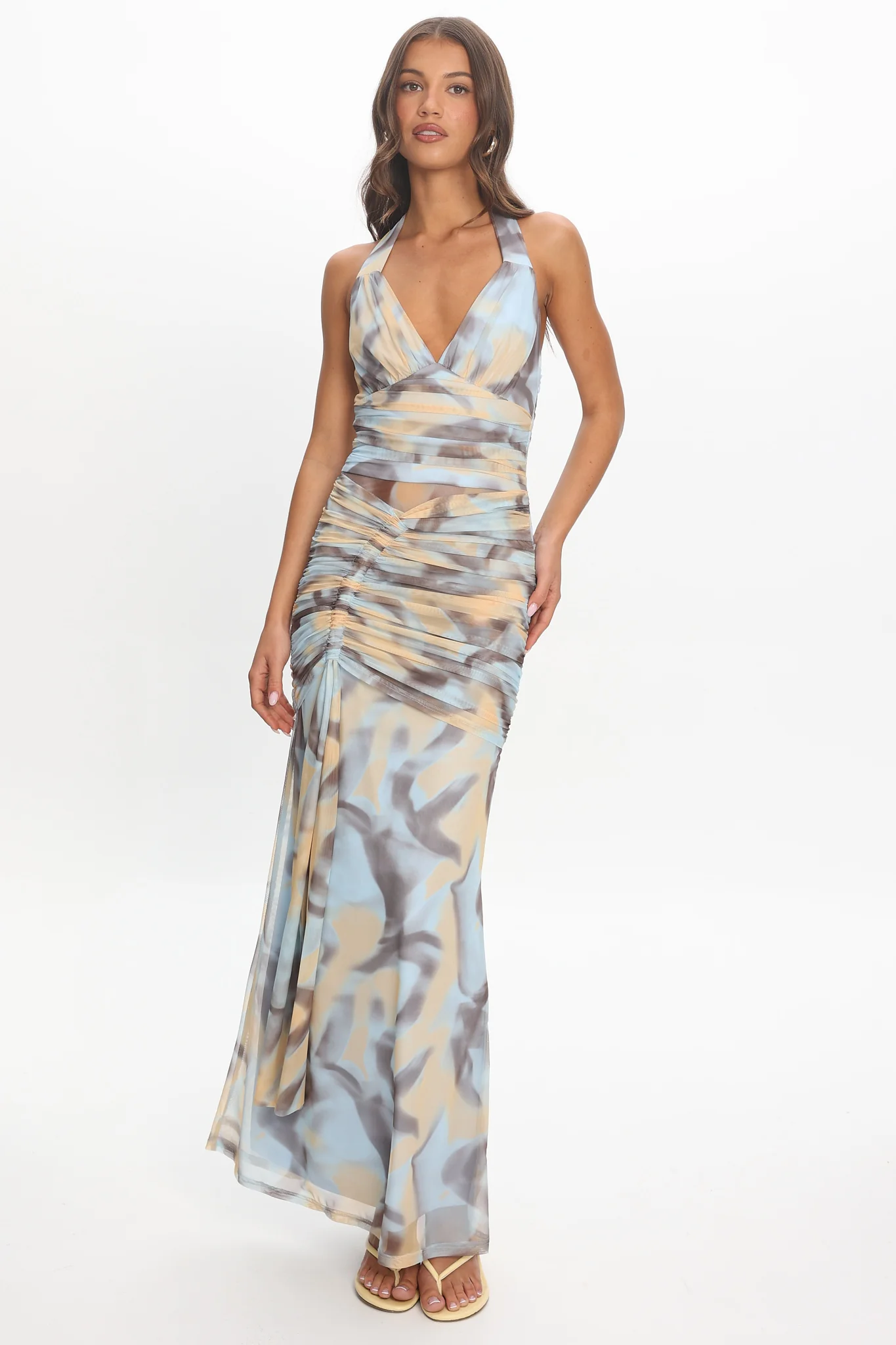 Luli Ruched Halterneck Maxi Dress Abstract Light Blue - luluinthesky