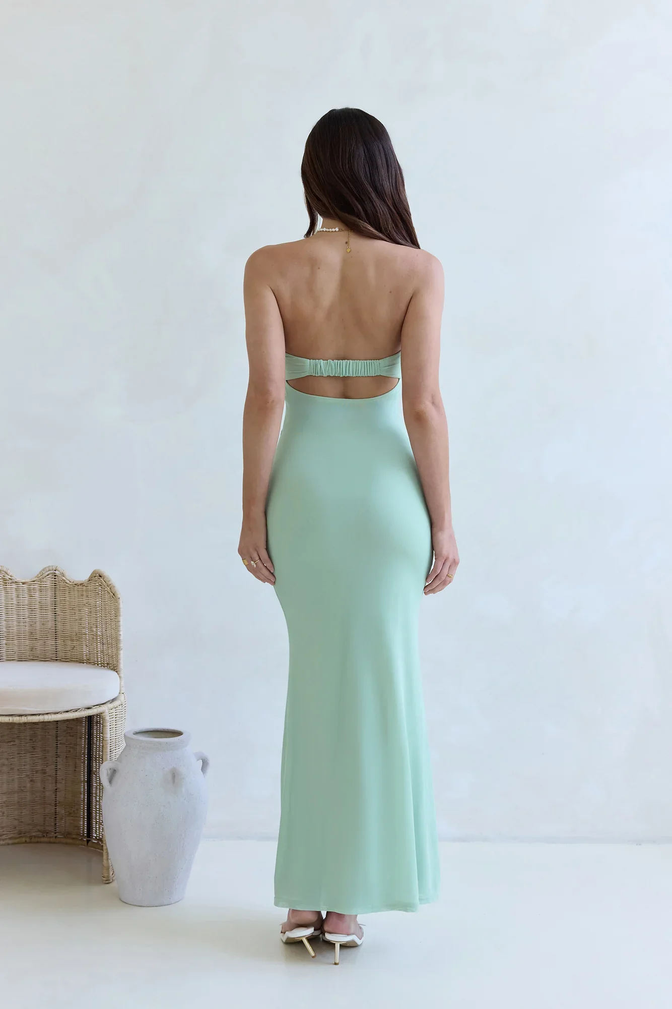 Caught Your Eye Mesh Strapless Maxi Dress Sage
