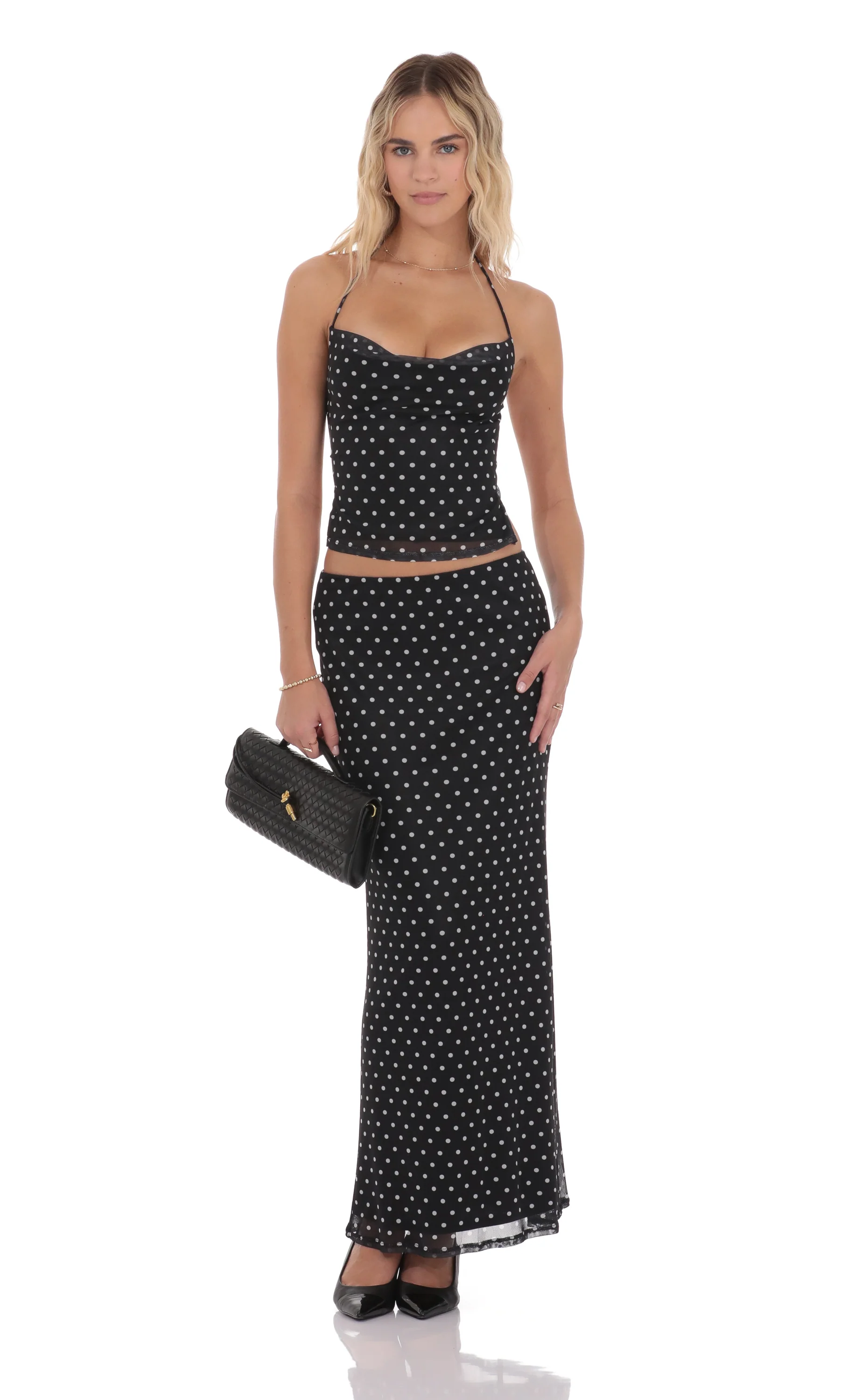 Polka Dot Cowl Neck Two Piece Set in Black