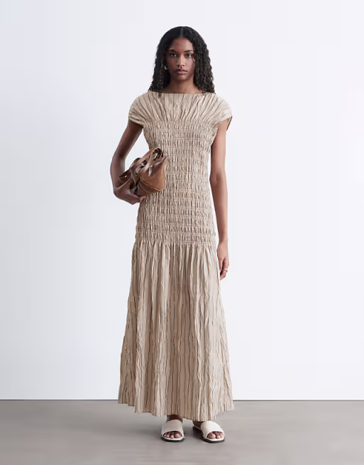 & Other Stories ruched crinkle maxi dress in beige
