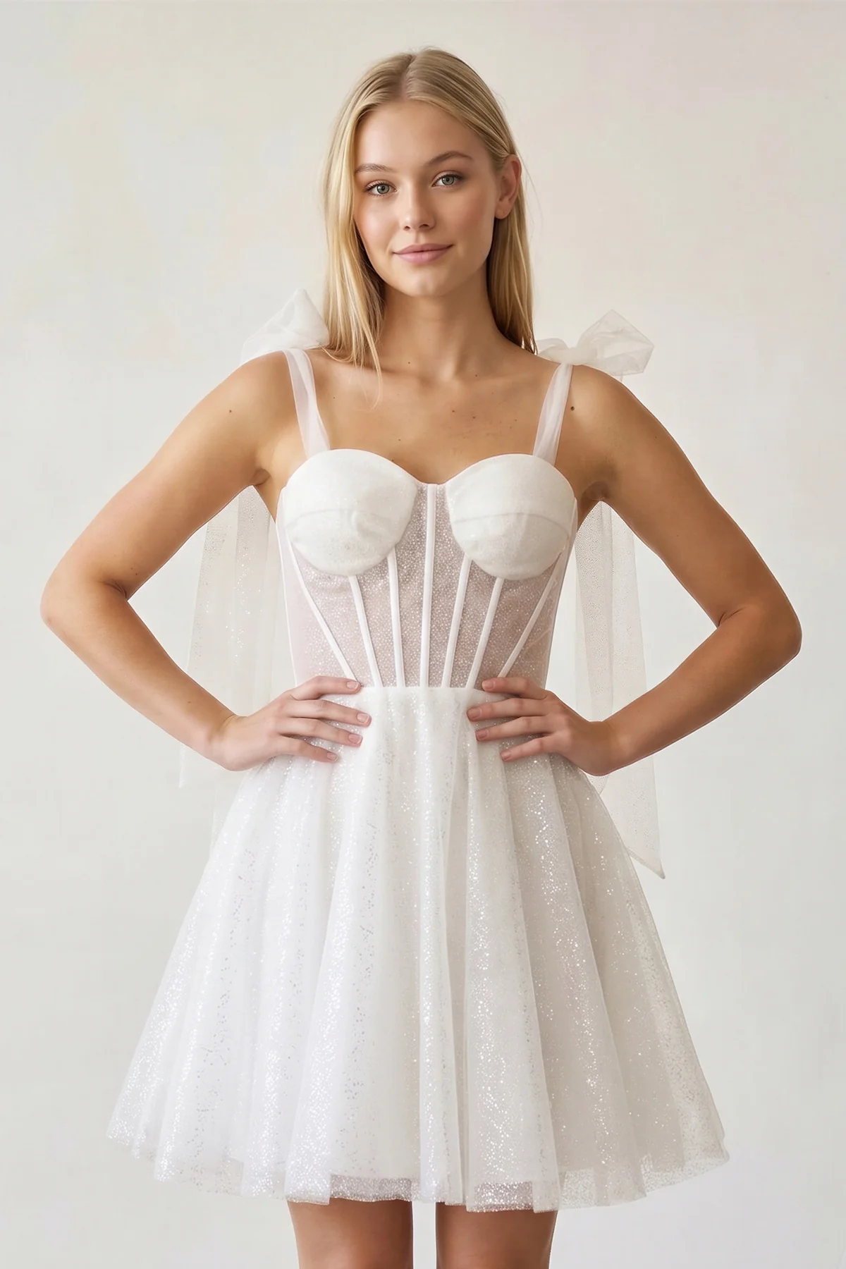 Tie Shoulder White Spraying A-Line Short Party Dress