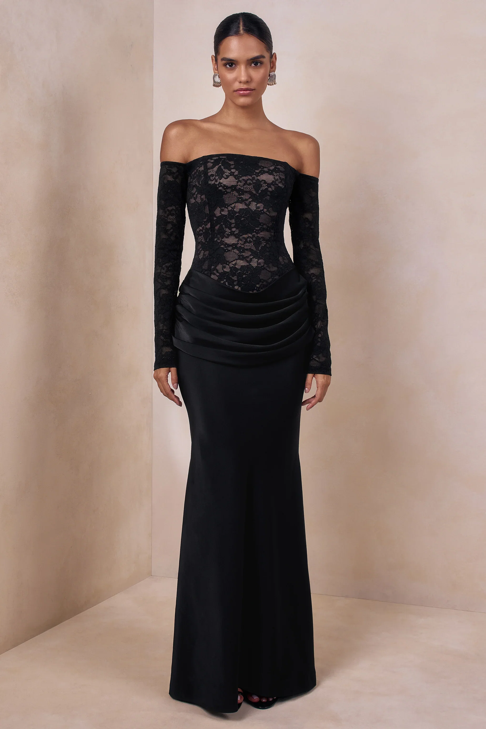 Rinna | Black Lace And Satin Bardot-Neck Maxi Dress