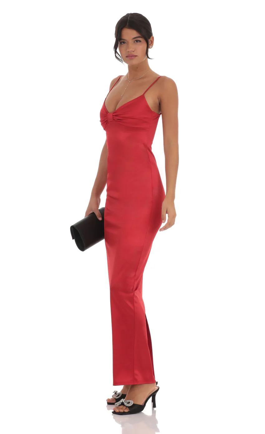 Satin Front Bow Maxi Dress in Red - luluinthesky