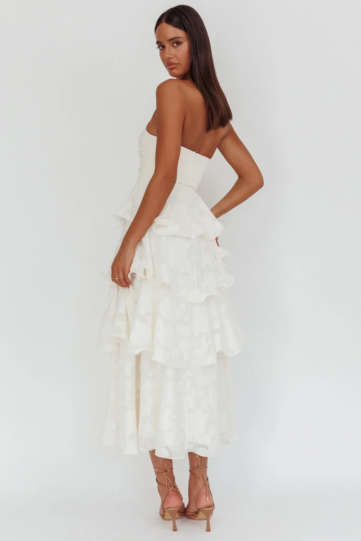 Giavana Strapless Layered Midi Dress Floral Embossed Cream