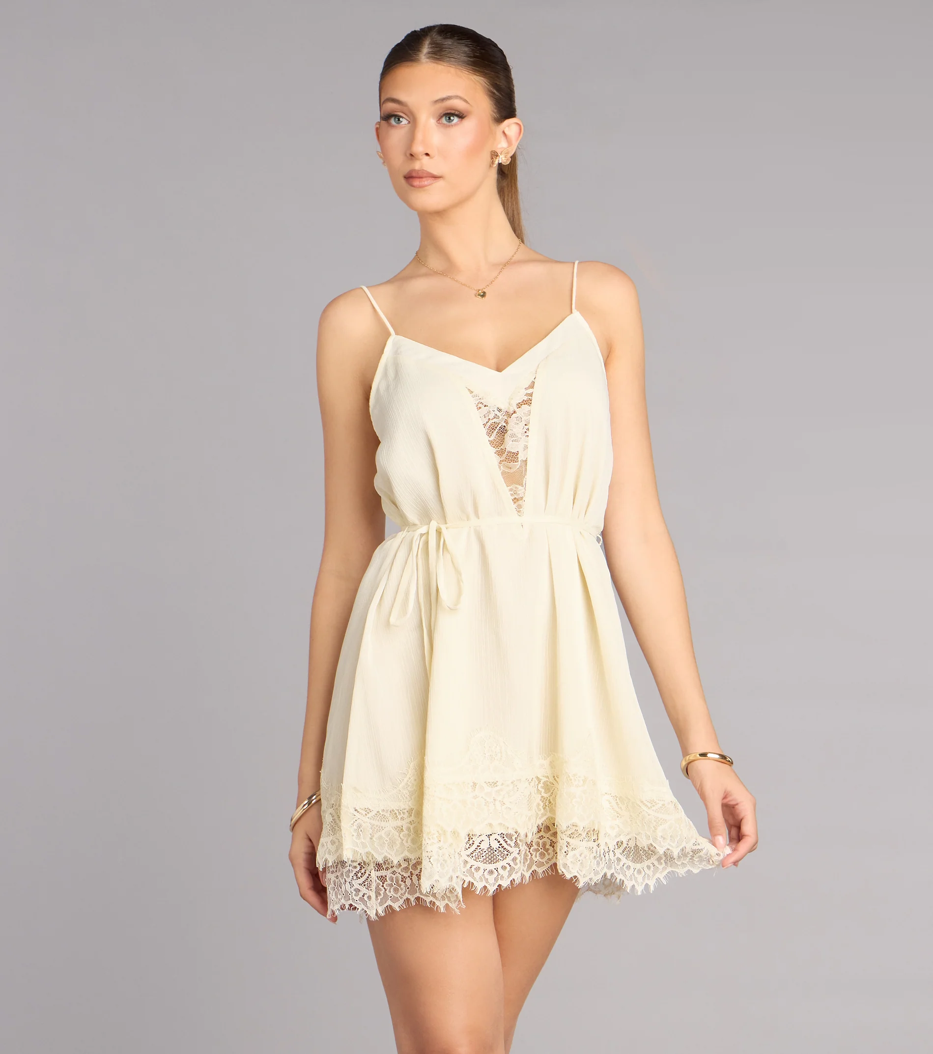 Pretty Plans Chiffon And Lace Skater Dress
