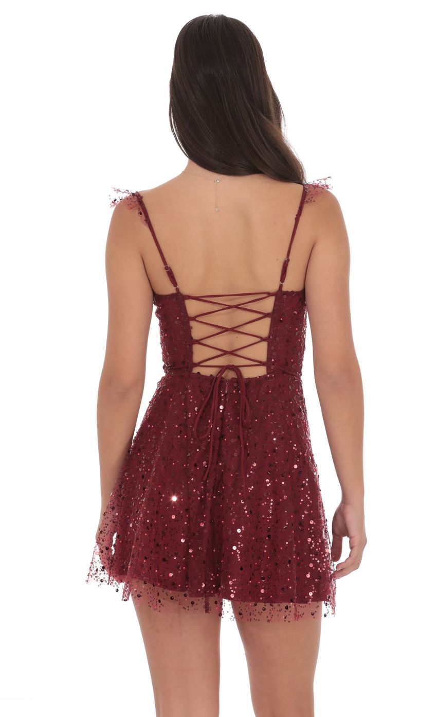 Sequin Ruffle Strap A-Line Dress in Burgundy