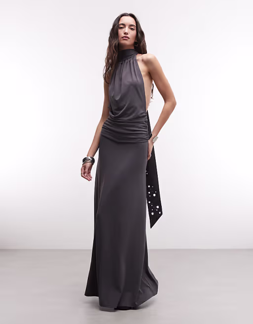 Weekday halter neck scarf detail maxi dress with drop waist in dark gray