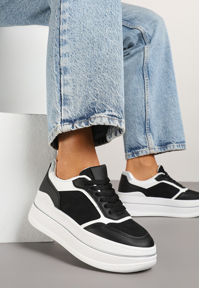 Czarno-Białe Sneakersy na Platformie z Tłoczoną Cholewką Callirae