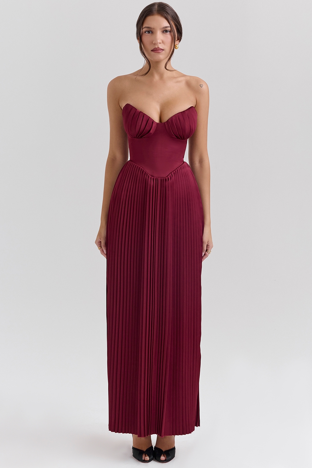 berry pleated satin maxi dress