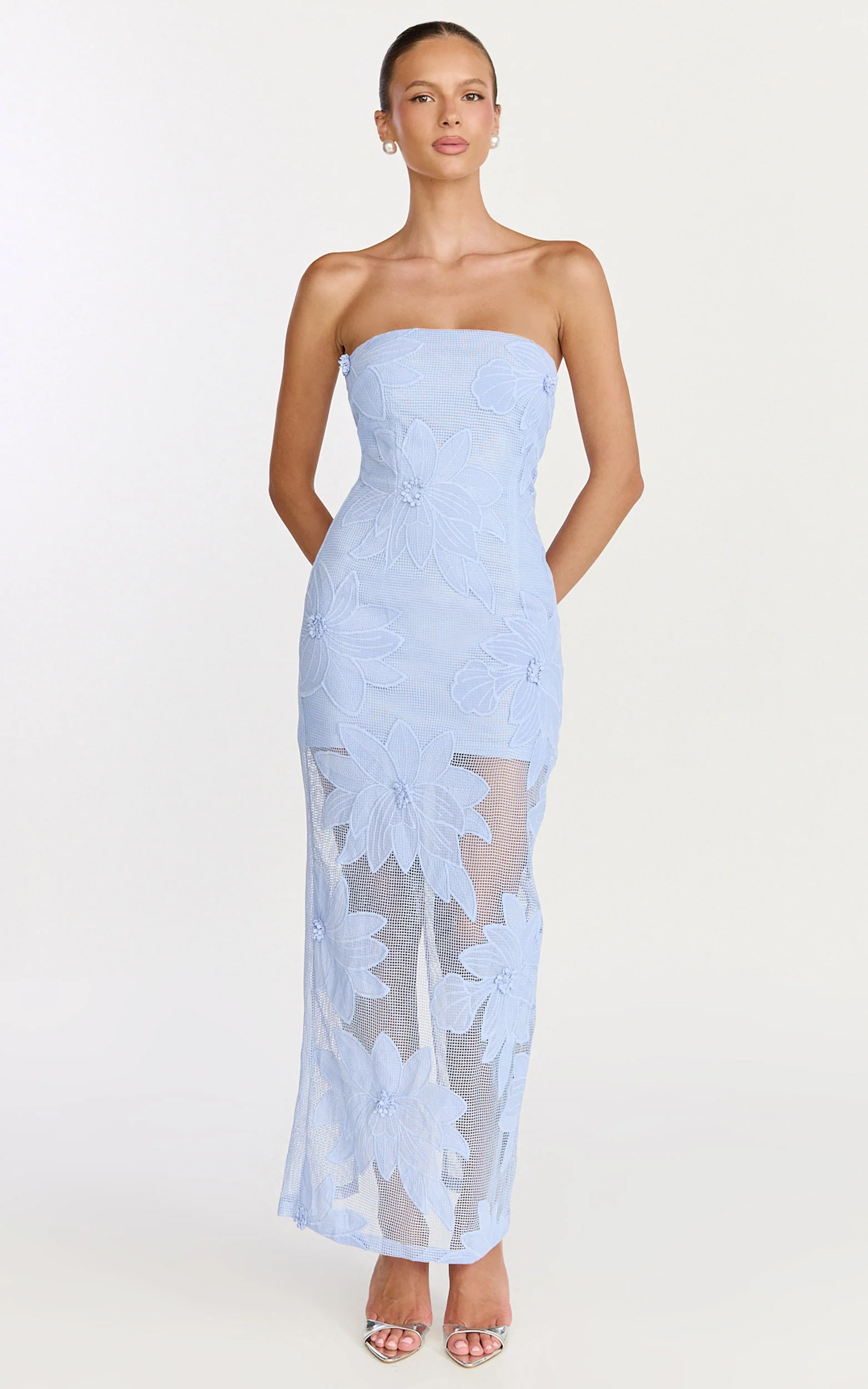 Sienna Midi Dress - Strapless Floral Embroidered Bodycon Dress in Blue