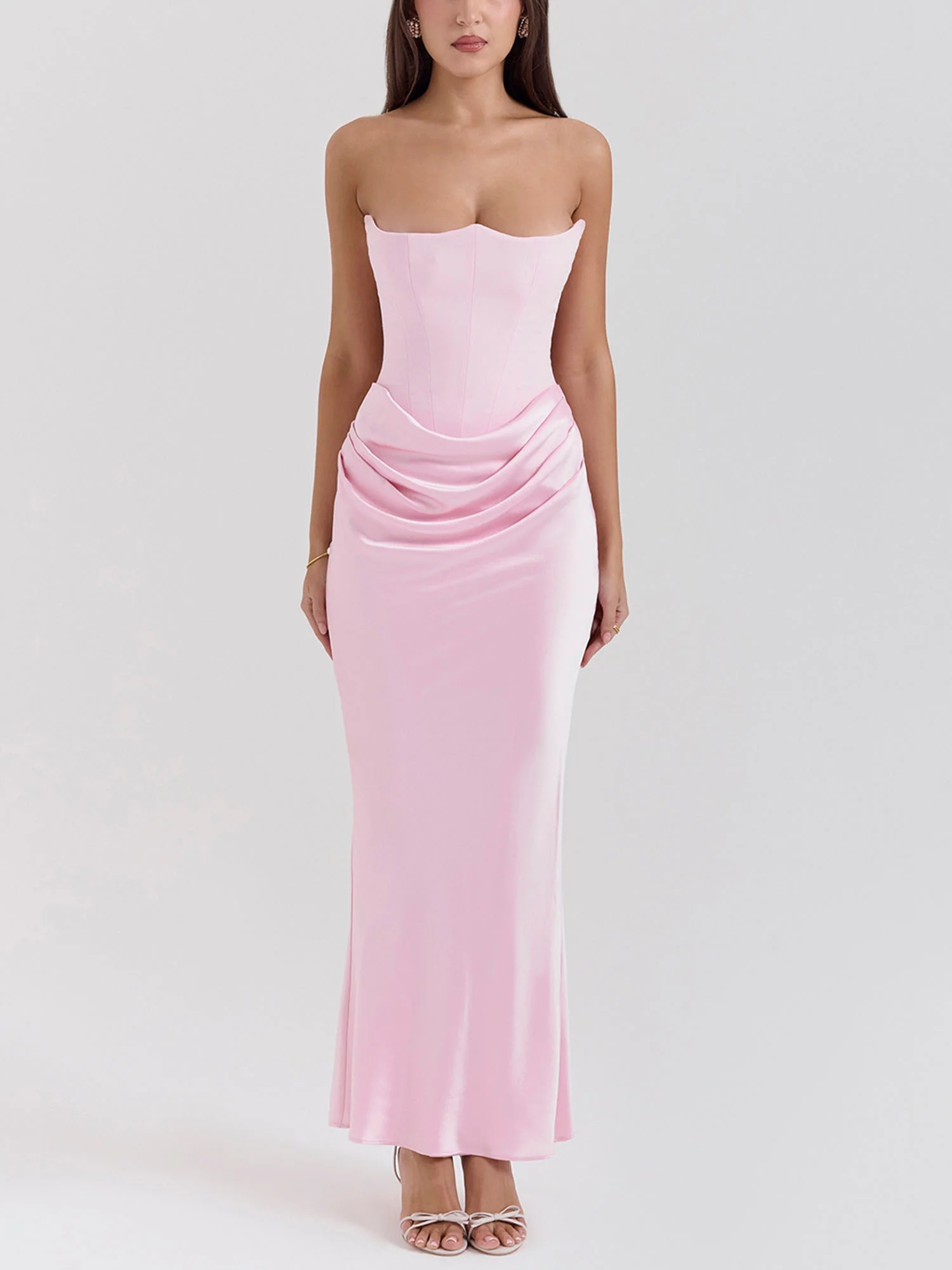 Pink Strapless Draped Bodycon Maxi Dress
