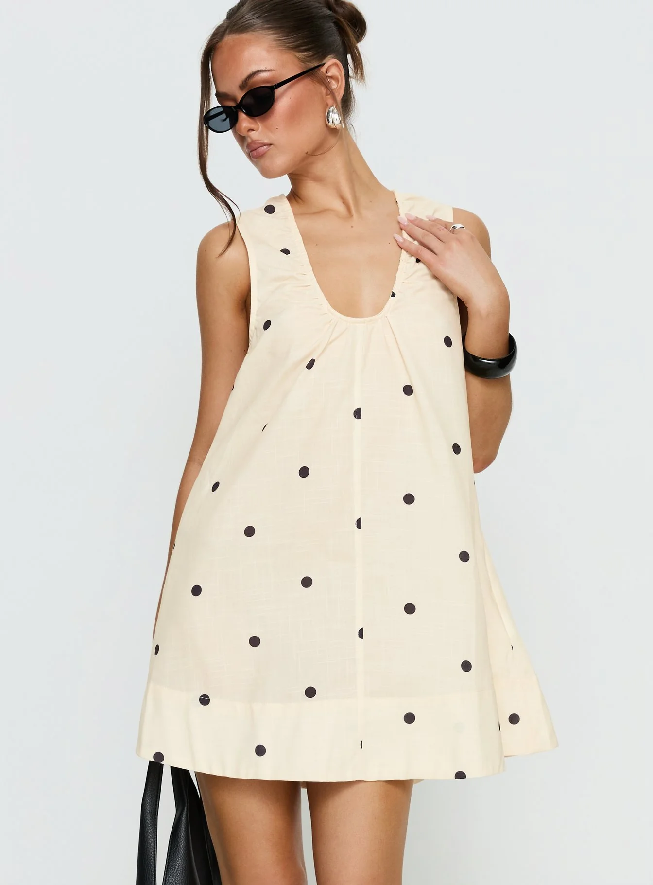 Eberta Ruched Baby Doll Mini Dress Yellow Polka Dot