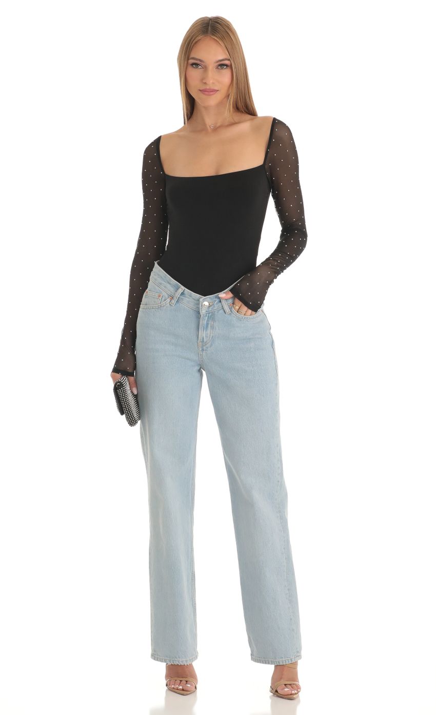 Diamond Glitter Square Neck Bodysuit in Black