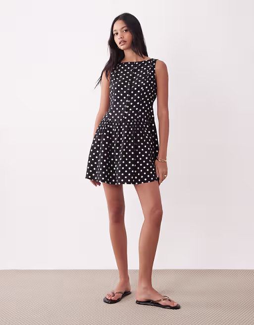 Brave Soul slash neck button down dropped waist mini dress in mono polka dot