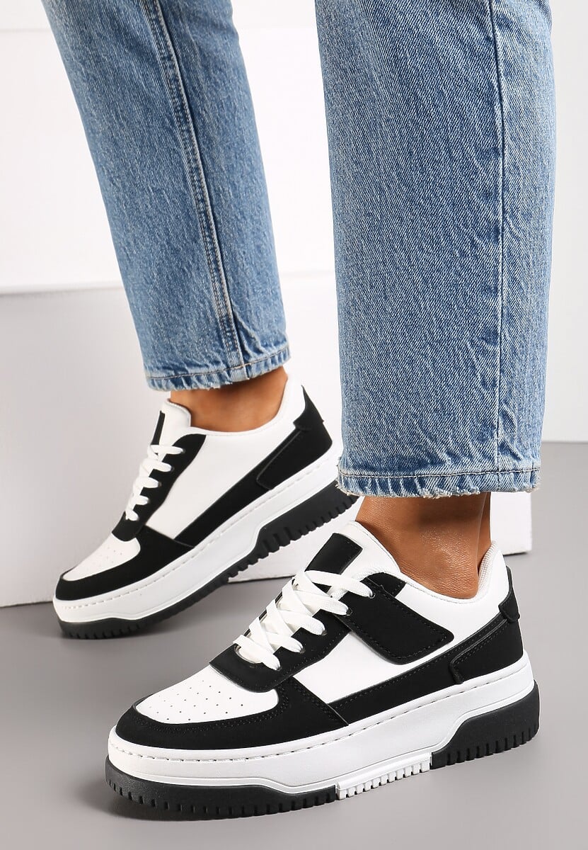 Czarno-Białe Sneakersy na Platformie z Ozdobnymi Wstawkami Faretta