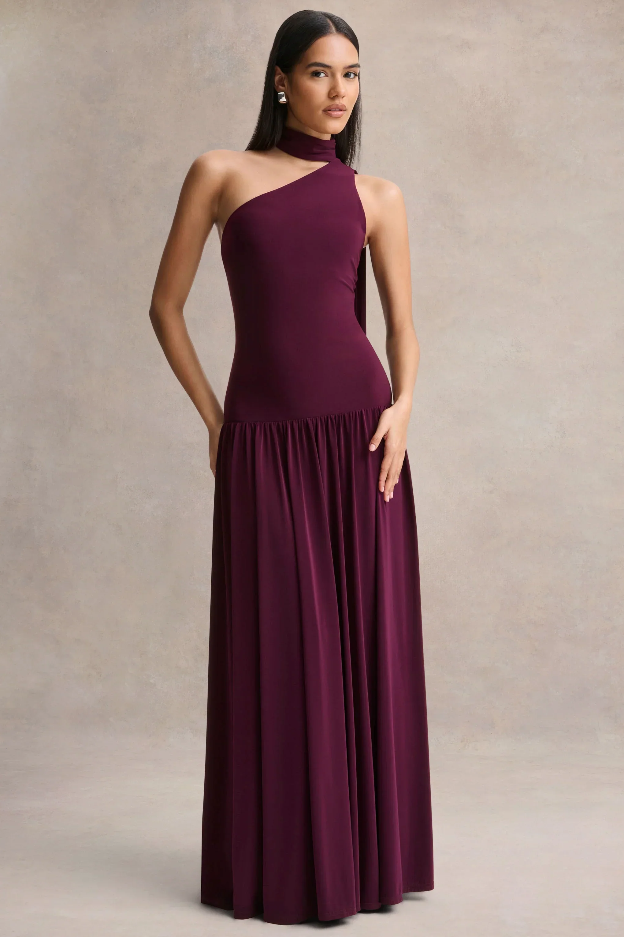 Freesia | Plum Asymmetric-Neck Maxi Dress With Scarf-Detail