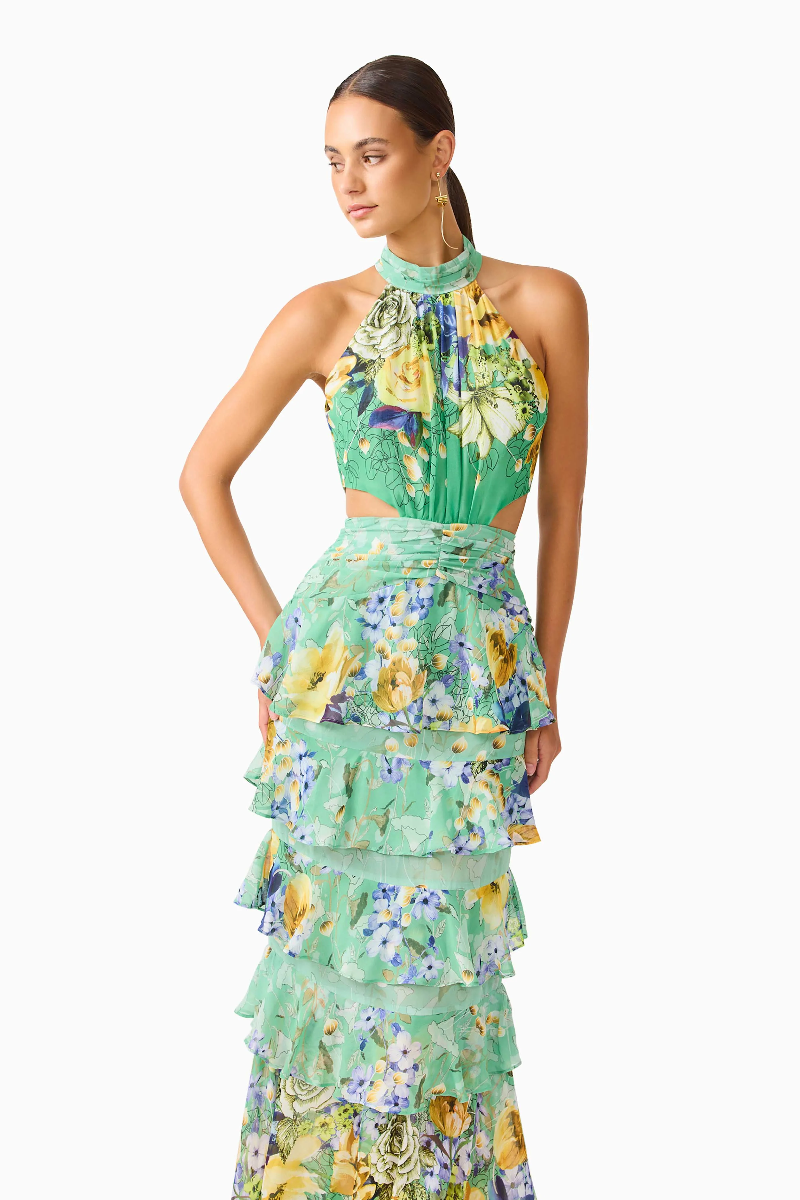 Gardenia Halter Maxi Gown In Green
