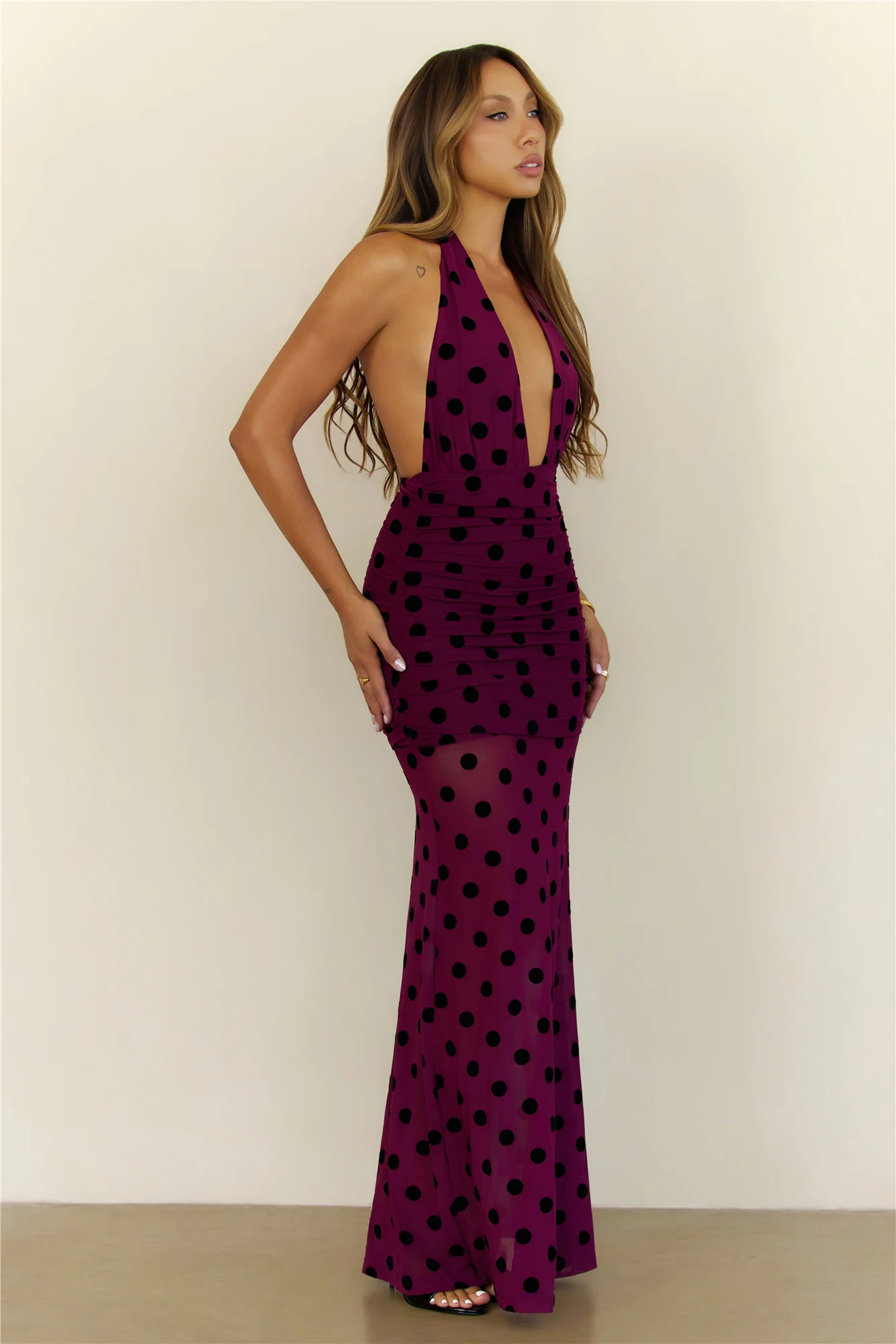 Dancefloor Diaries Halter Polka Dot Maxi Dress Plum