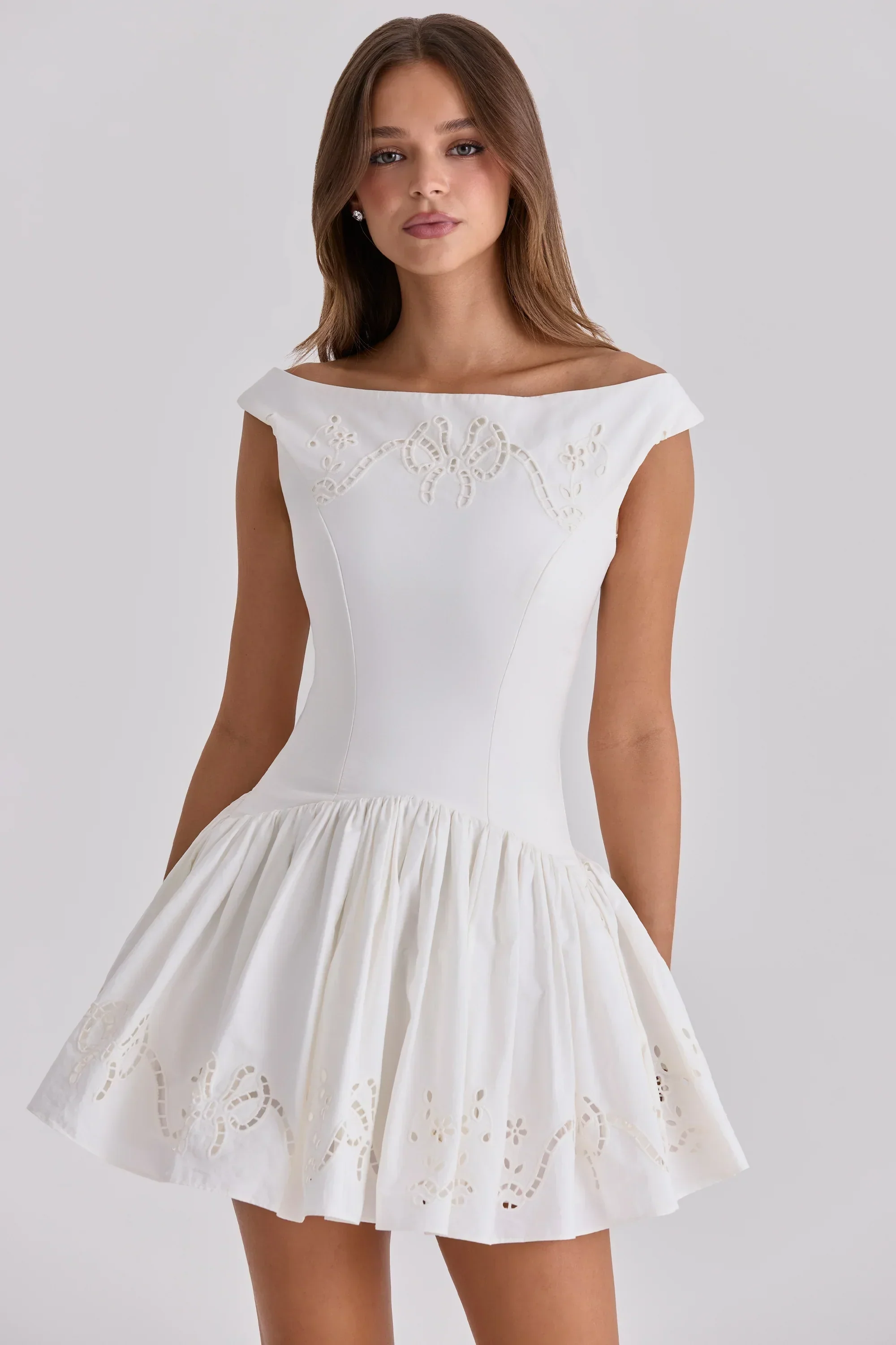 white cotton broderie anglaise boat neck mini dress