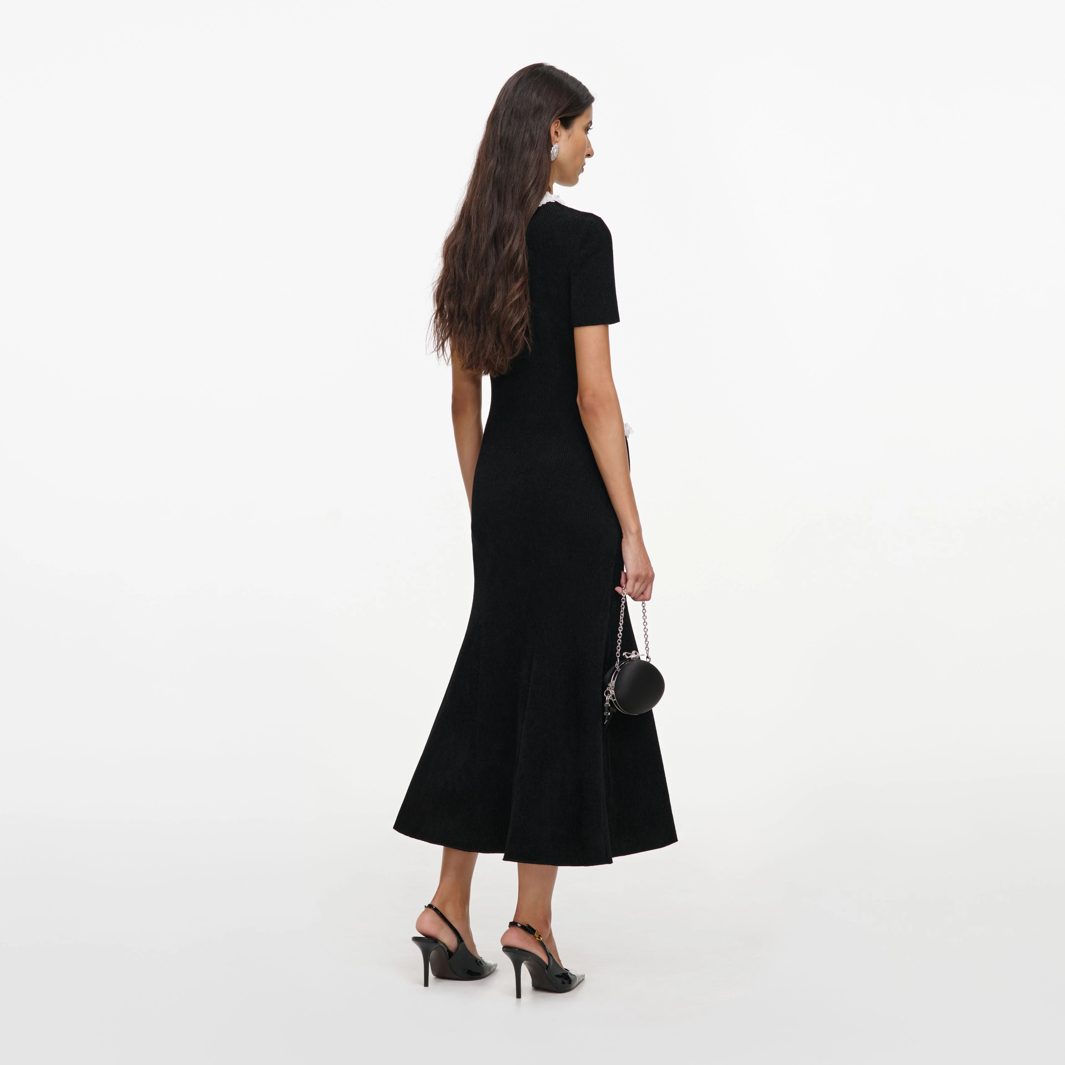 Black Chenille Knit Flower Trim Midi Dress