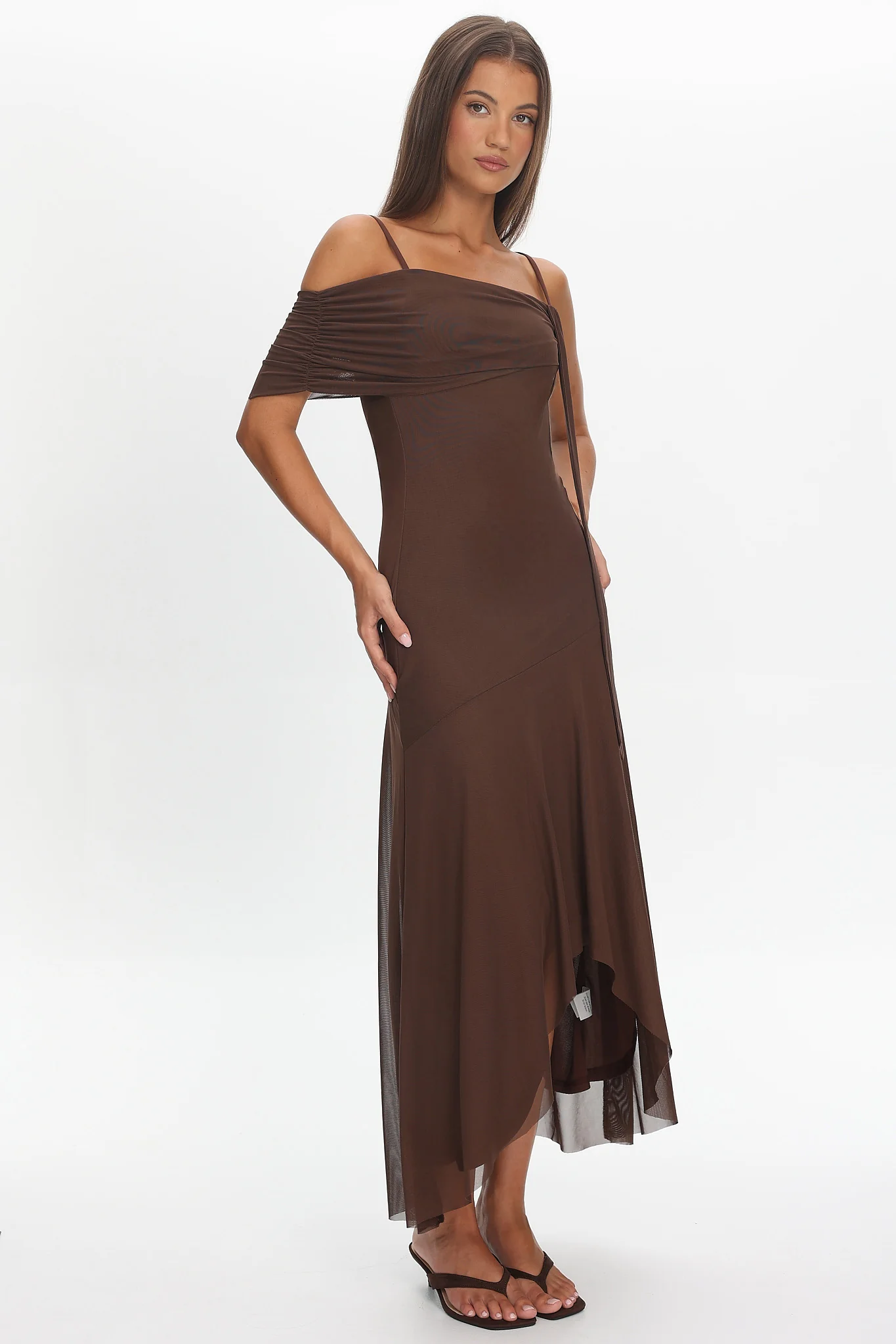 Millitah Asymmetric Hem Mesh Maxi Dress Chocolate