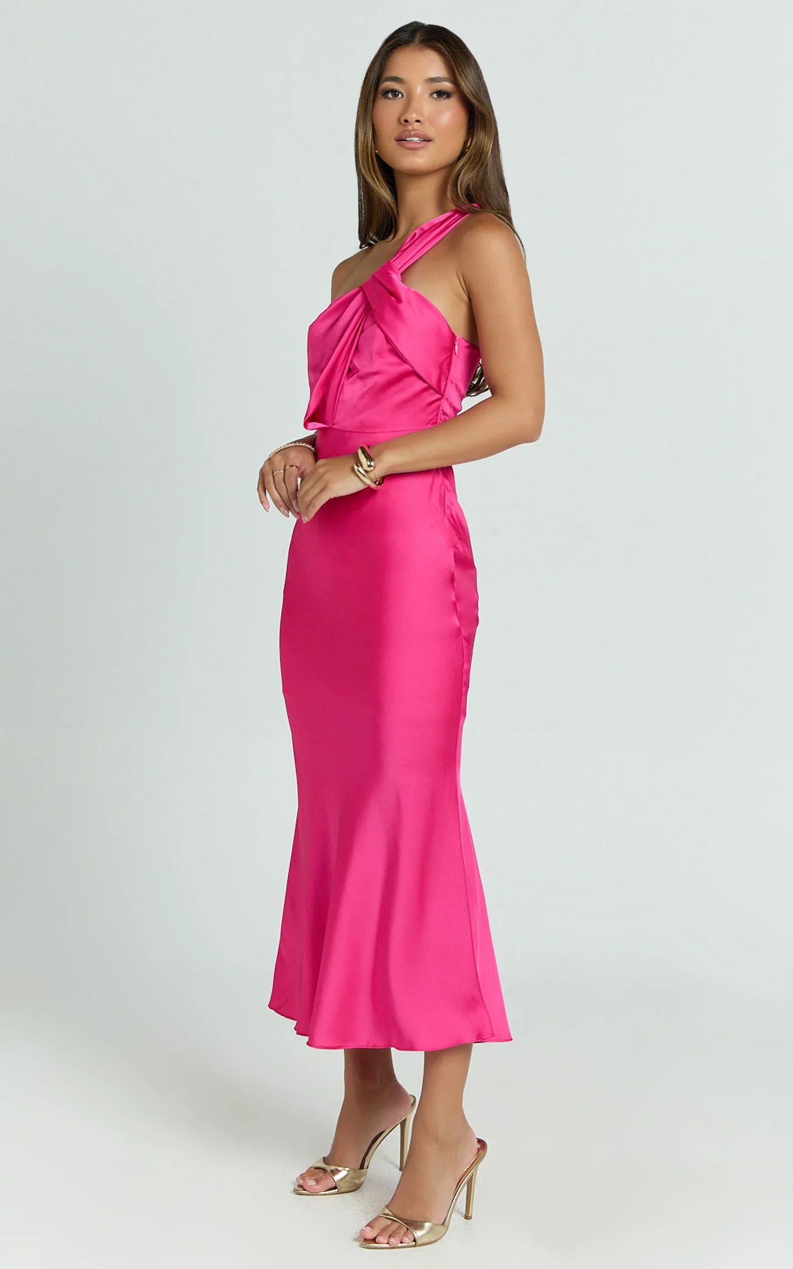 Carmella Midi Dress - One Shoulder Twist Detail Dress in Fuchsia