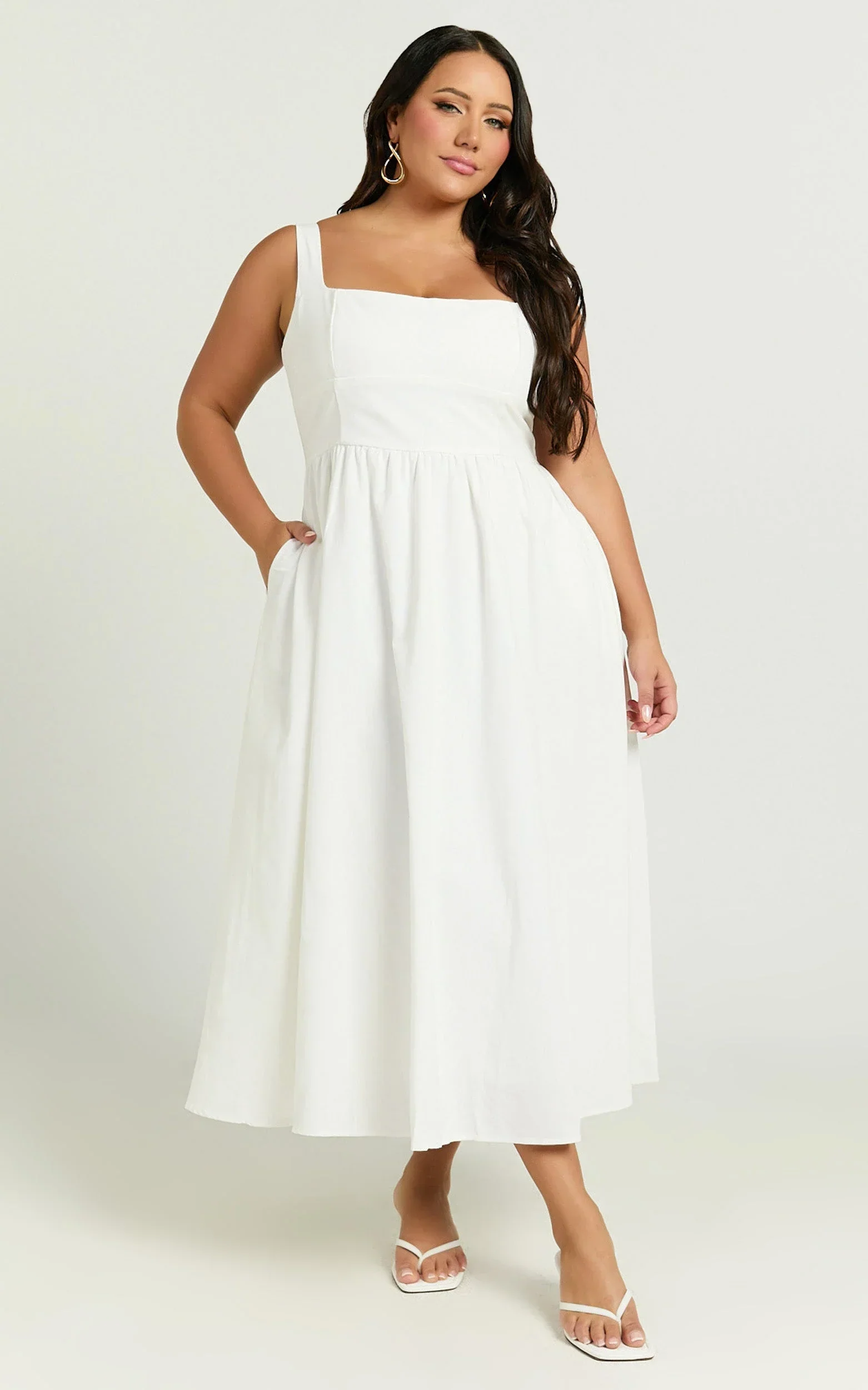 Khari Midi Dress - Linen Look Square A Line Dress in White - luluinthesky
