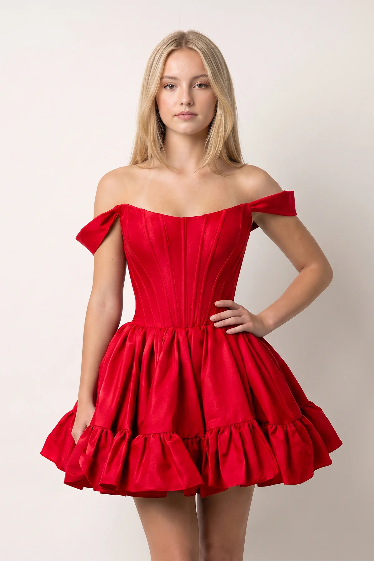 Red Off The Shoulder A Line Pleated Satin Short Homecoming Dress