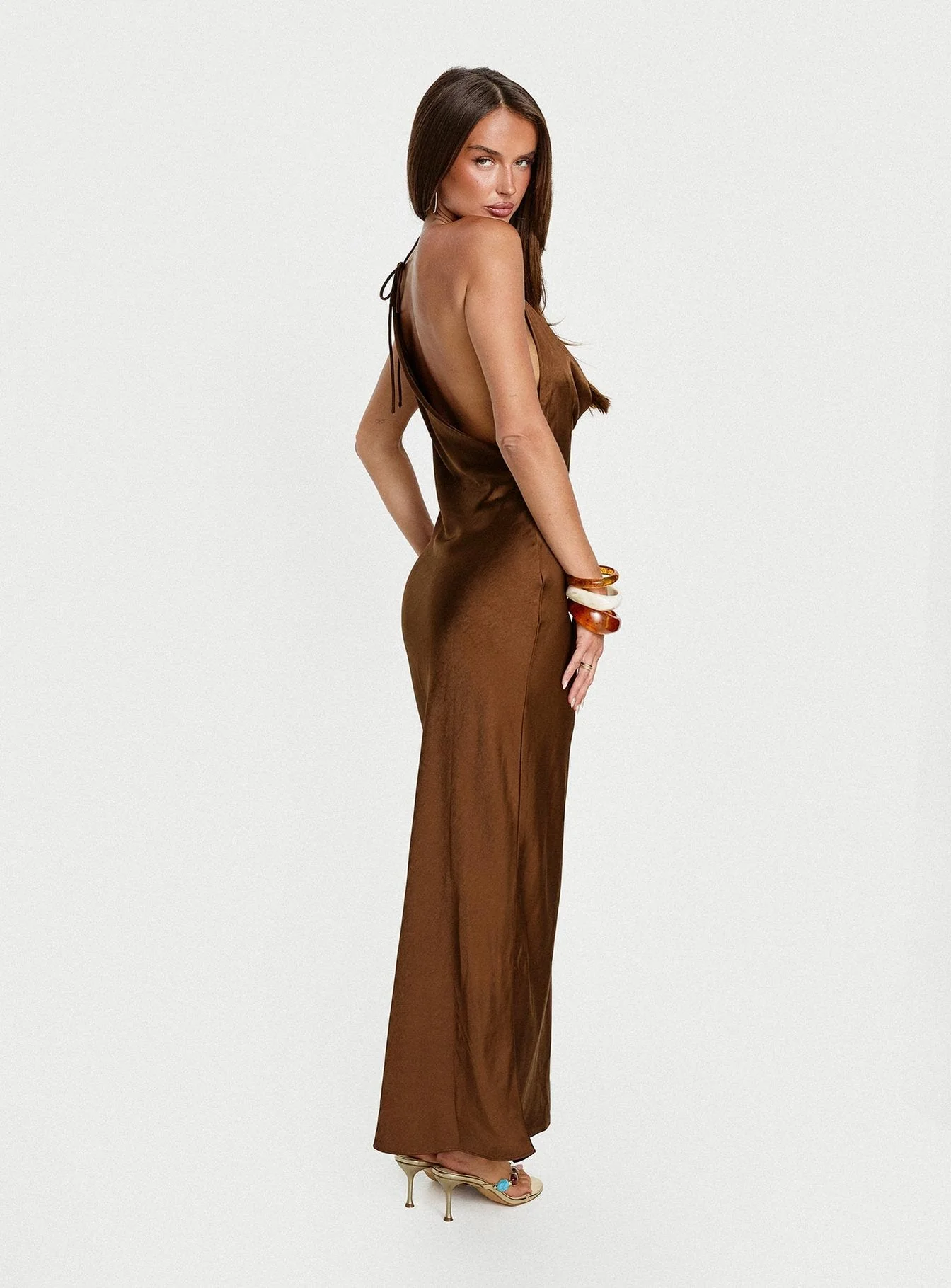 Anjelina Halter Plunge Maxi Dress Chocolate Brown