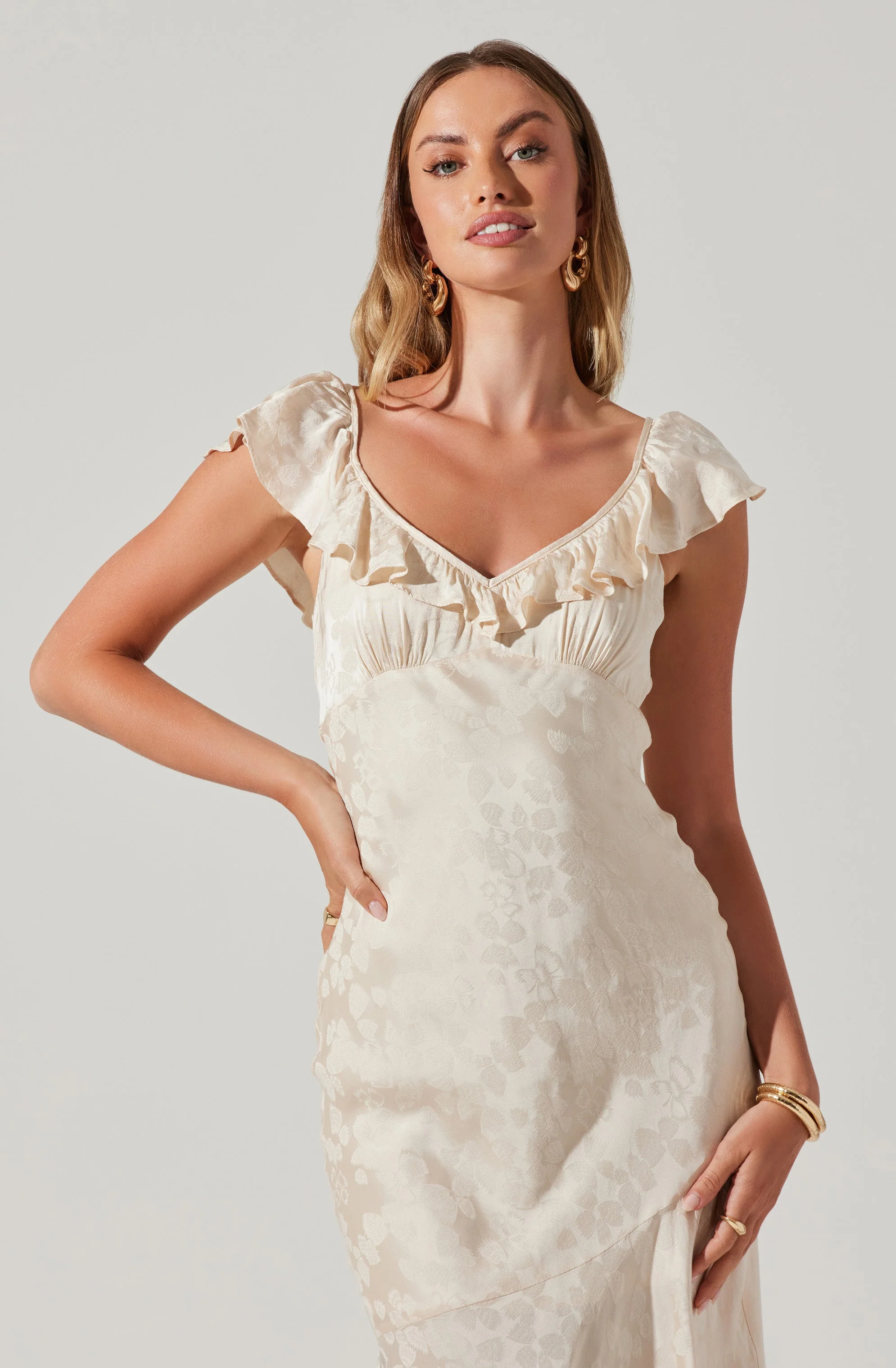 Freesia Jacquard Print Ruffle Midi Dress