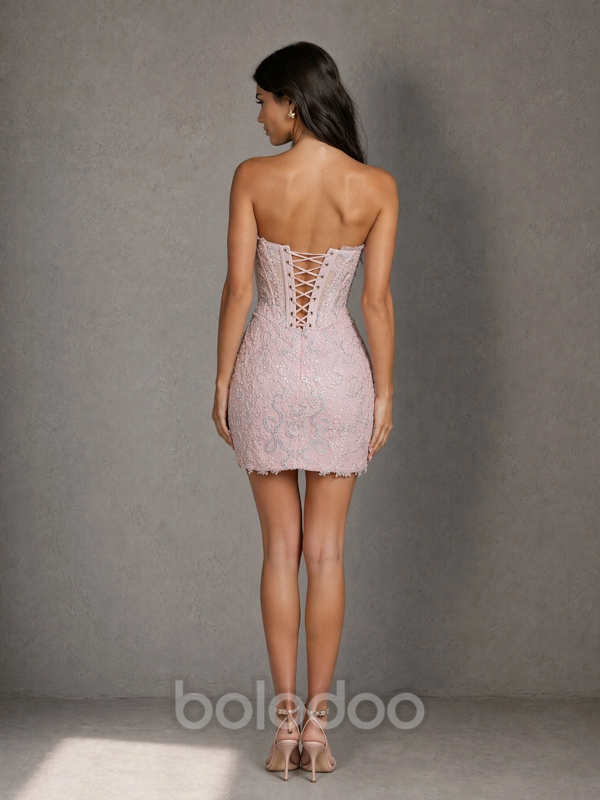 BOLODOO Blush Pink Lace Floral Embroidered Sheer Corset Strapless Mini Dress | Lace-Up Back Bodycon Party Dress